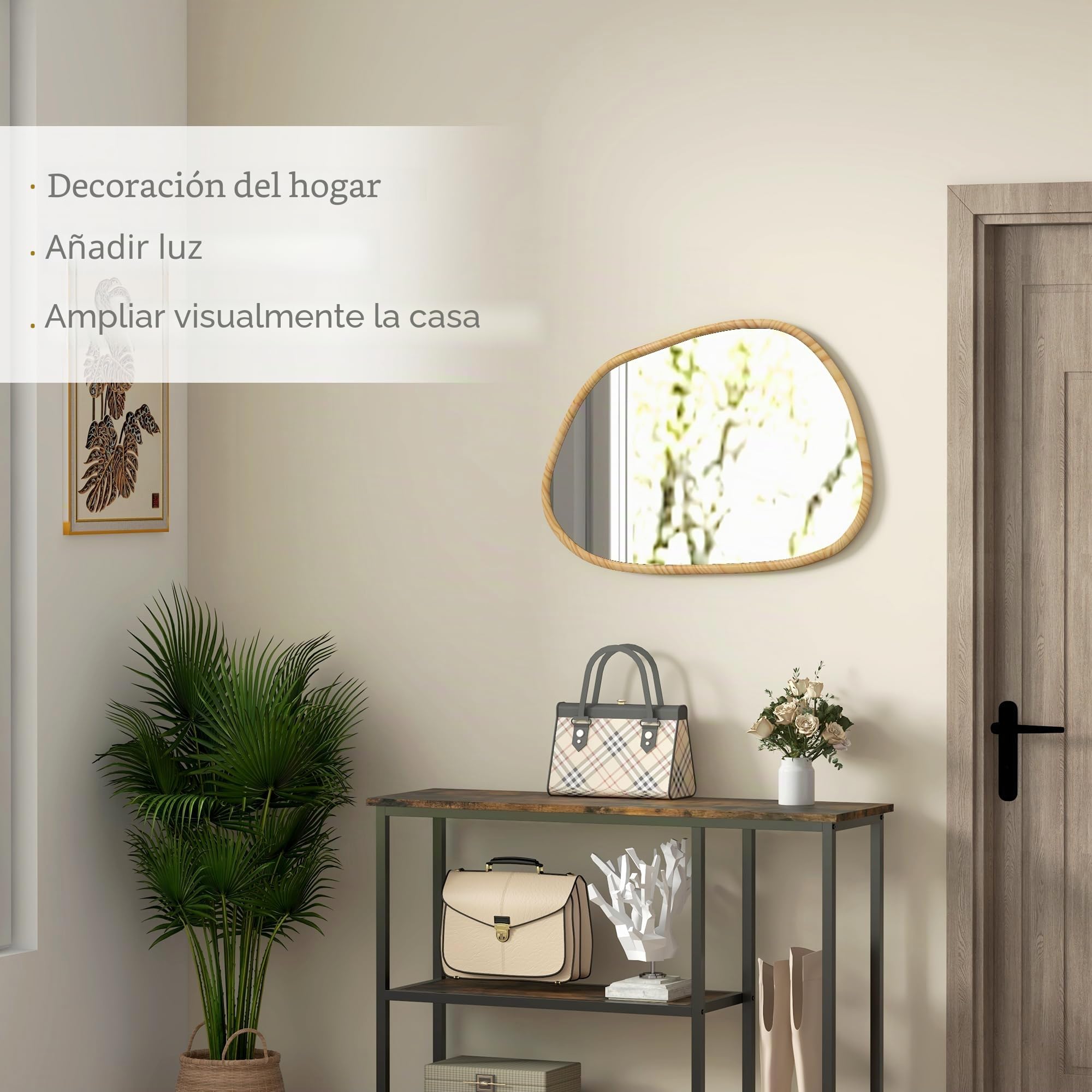 HOMCOM Espejo de Pared 80x60 cm Irregular con Marco de Pino Natural | Espejo decorativo colgante, espejo de baño, para dormitorio, baño, sala de estar, pasillo