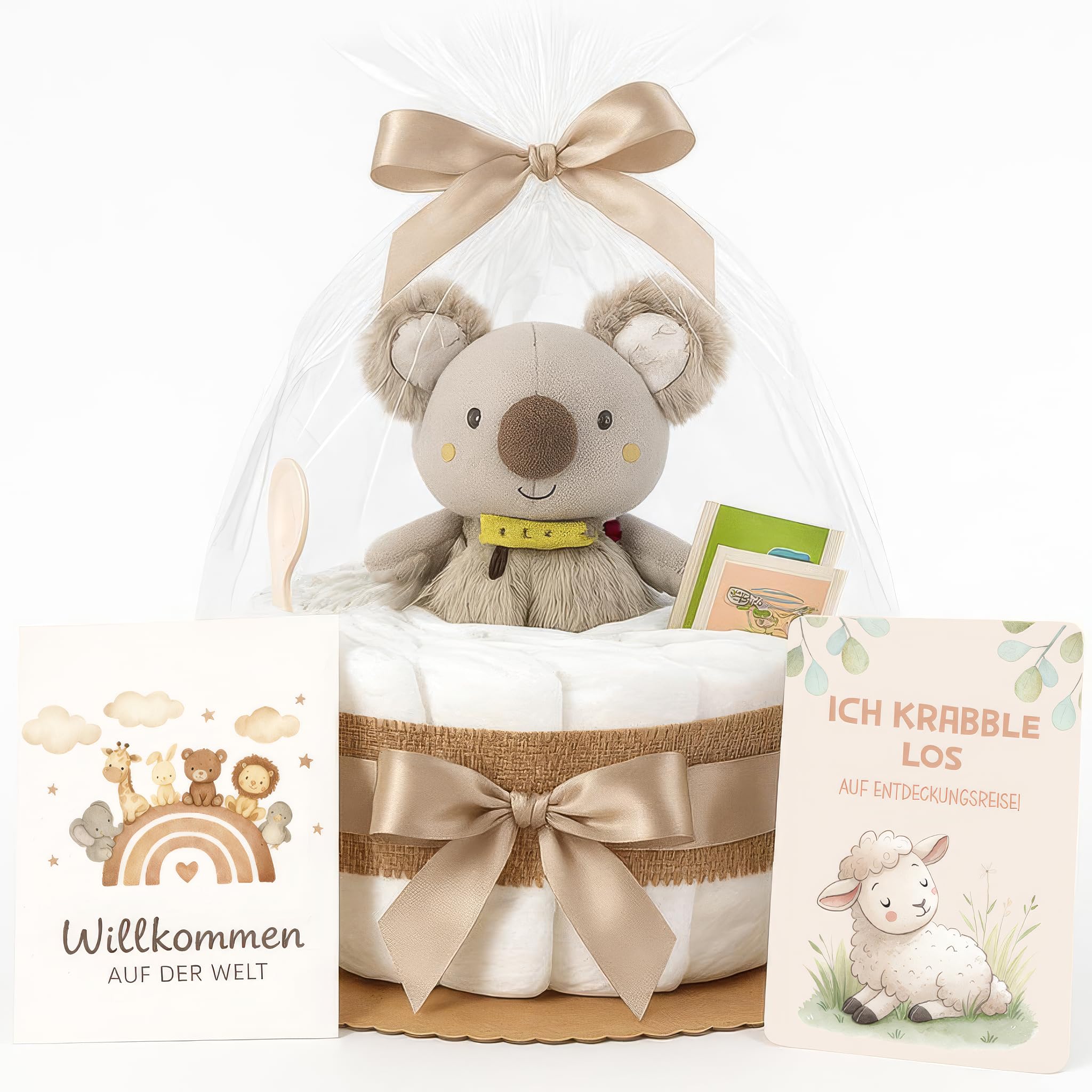 Windeltorte Mädchen & Junge mit Koala Greifling - Boho Vintage [Handmade] – Baby Geschenk zur Geburt mit Koala-Greifling, Premium Windeln, Babylöffel & Bio-Tee – Windeltorte Neutral & für Babyparty