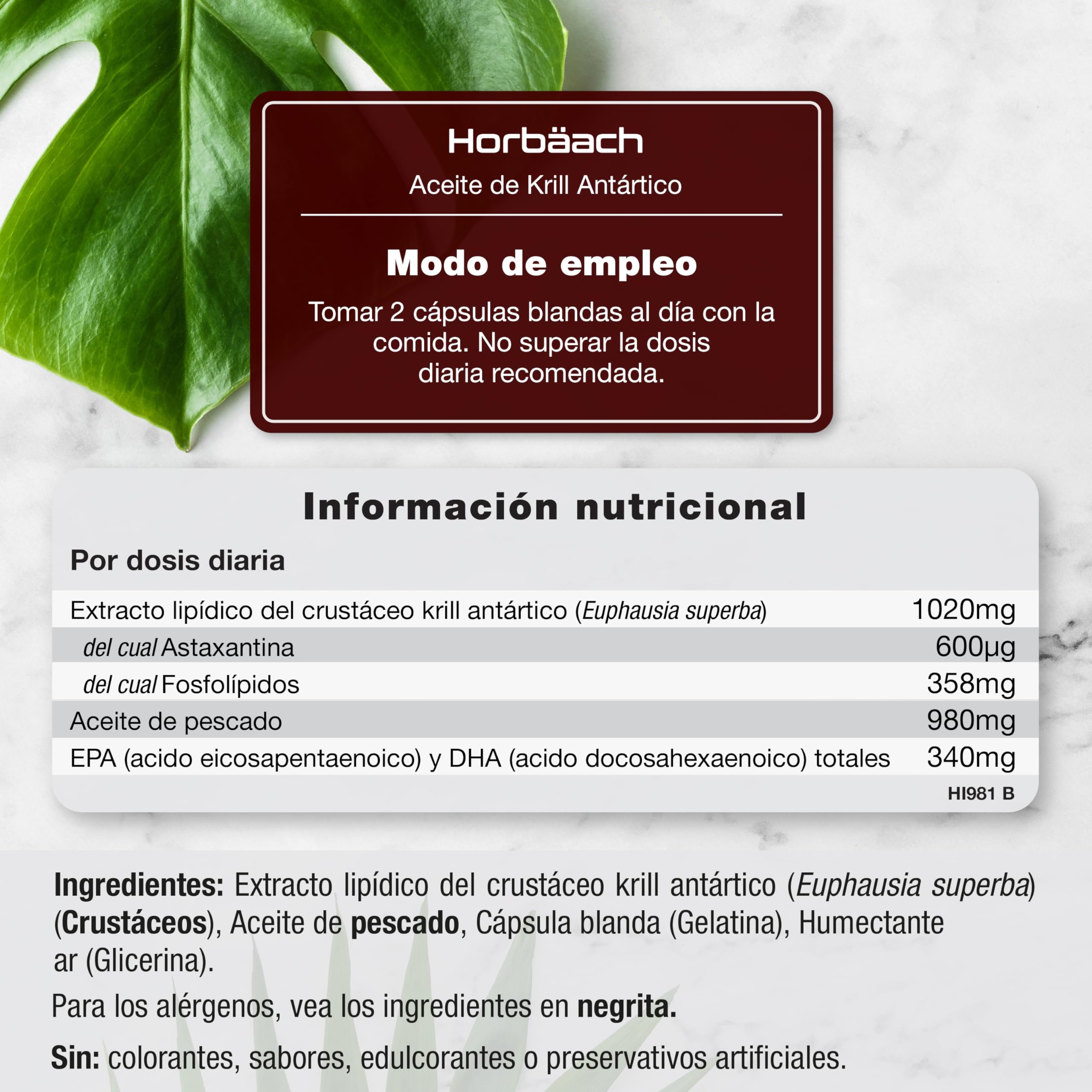 Aceite de Krill Omega 3 Antártico 2000mg | Omega 3 con Astaxantina y Fosfolípidos | 1000mg por cápsula blanda | Ácidos Grasos EPA y DHA | Fish Oil | 120 Perlas | de Horbaach