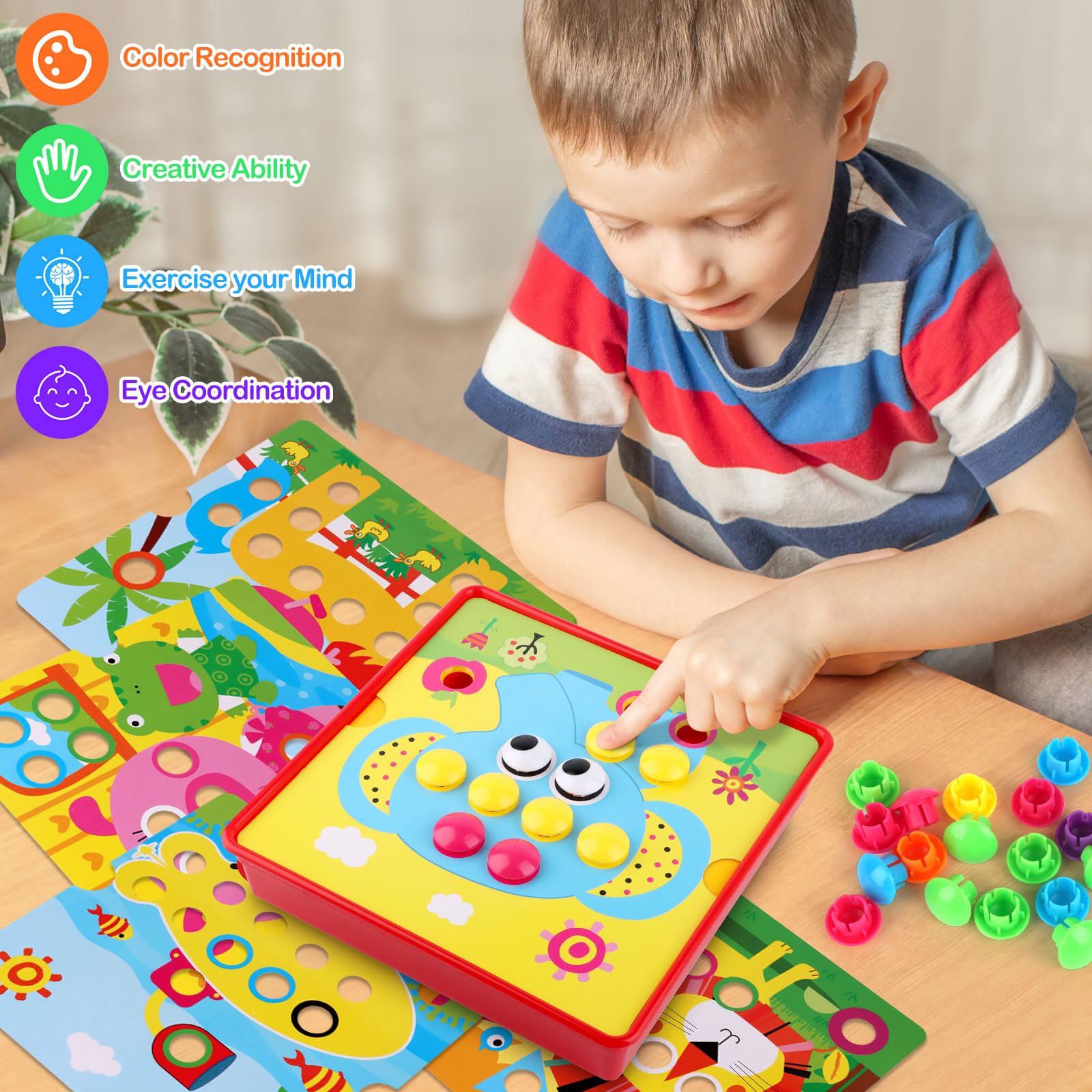 Jeu De Mosaïque Montessori Pour Enfants 2-4 Ans - 46 Boutons Colorés + 12 Cartes - Jouet éducatif Et Créatif !