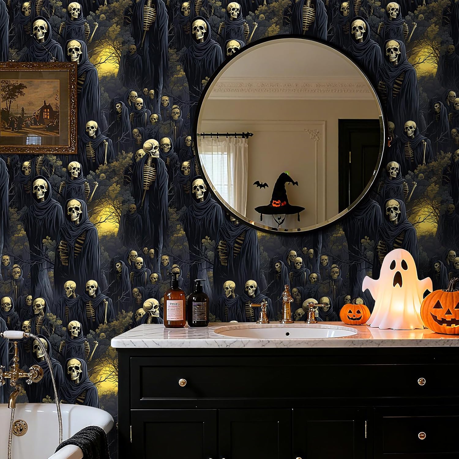 Stickyart 17.5"x276" Gothic Peel and Stick Skeleton Wallpaper for Wall Halloween Macabre Skull Eerie Forest Contact Paper Self Adhesive Skeleton in Black Robes Wallpaper for Living Room Bedroom Decor