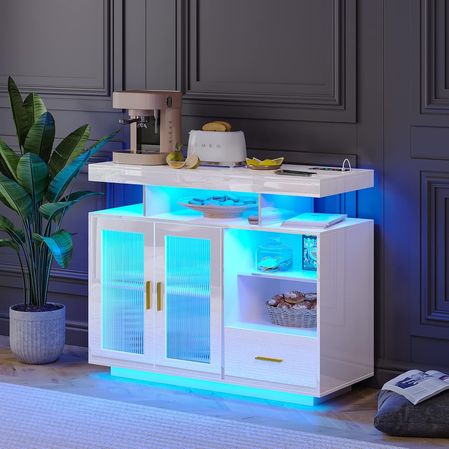 WOOVIVS 39.4" Modern LED Sideboard Buffet with Charging Station, High