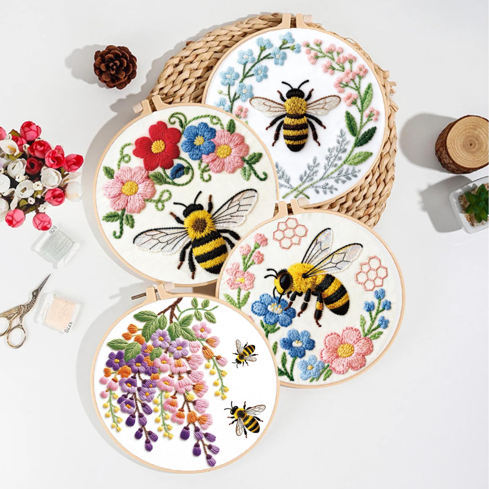 ORIGACH 6 -teiliges Stickset für Anfänger, Bienen Und Blumen