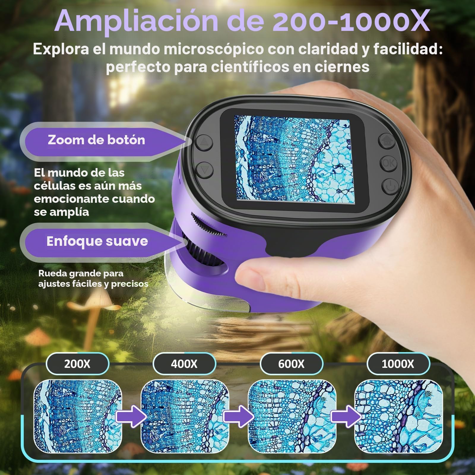 Microscopio de Mano 1000X para niños, 4K, Pantalla de 2 Pulgadas, Recargable, Mini microscopios Digitales de Bolsillo con Kit de Diapositivas, Regalo Edu portátil, para niños y Estudiantes