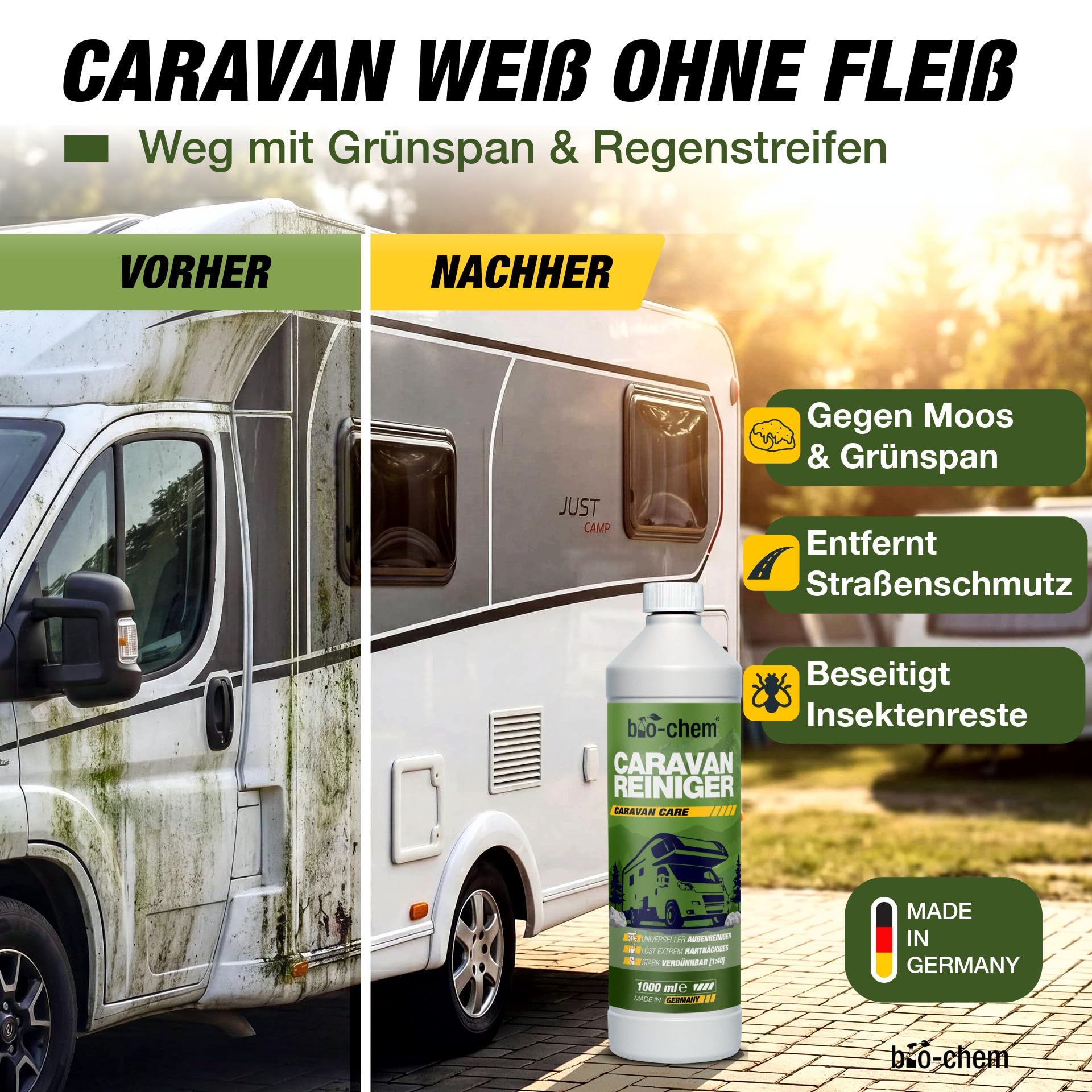 Bio-Chem środek do czyszczenia przyczep kempingowych i kamperów, bardzo mocny koncentrat, 2 x 1000 ml, środek czyszczący do przyczep kempingowych, przystawek namiotowych, środek do usuwania smug deszczu – Made in DE