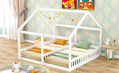 Miniatura 152 de Base de cama de casa de tamaño individual con techo y valla, marco de cama de madera para niños pequeños, adolescentes, niñas, niños, se puede