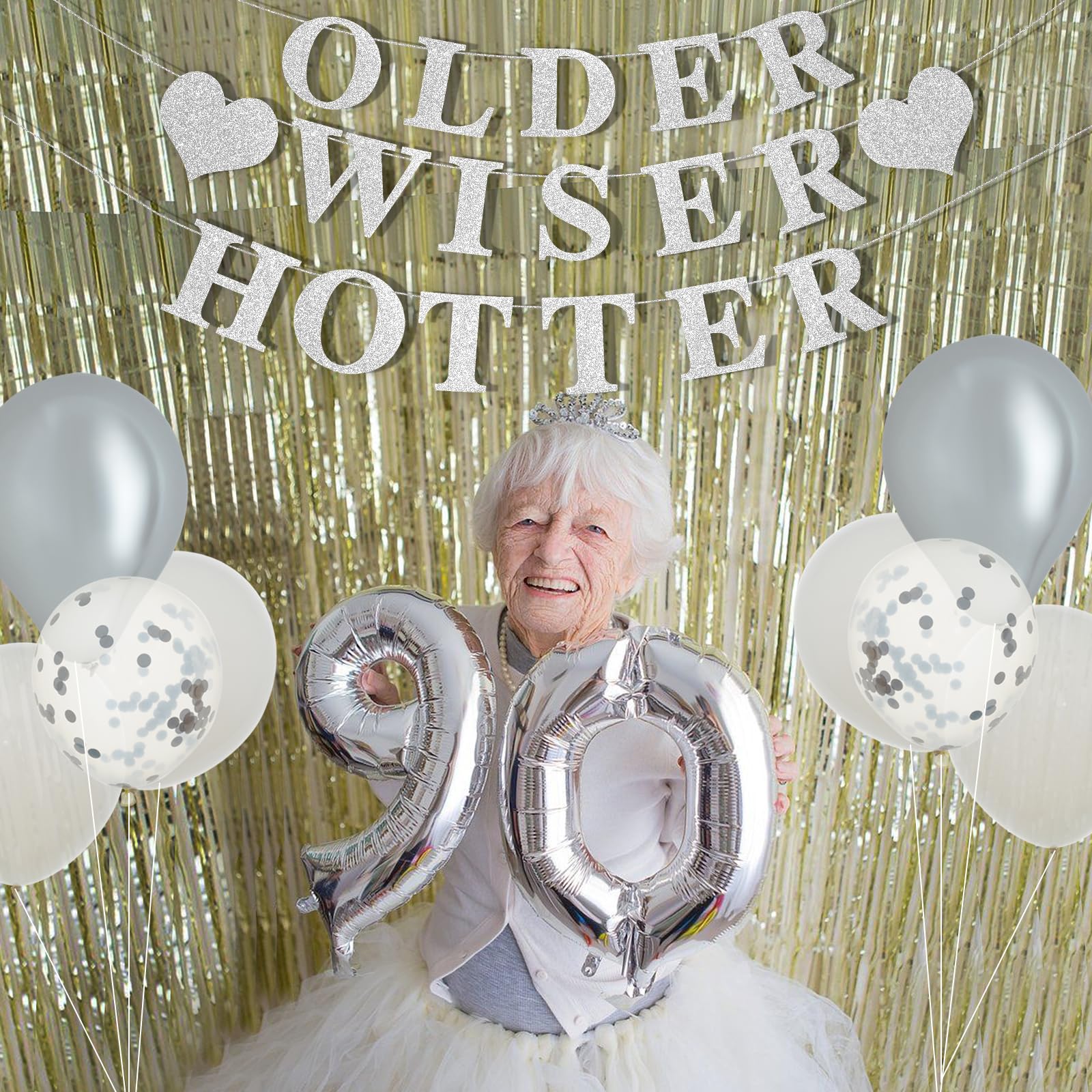 Older Wiser Hotter Balloon Banner, Milestone Birthday Party