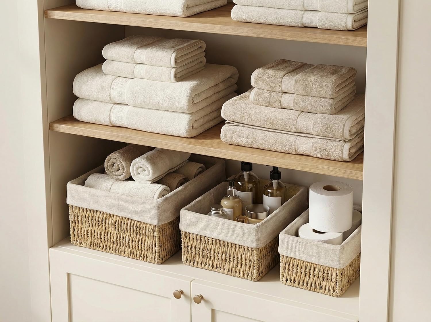 Set of 3 Wicker Storage Baskets for Shelves with Removable Linen Liner, Nesting Woven Organizer Bins for Pantry, Bathroom Counter, Closet, Dresser