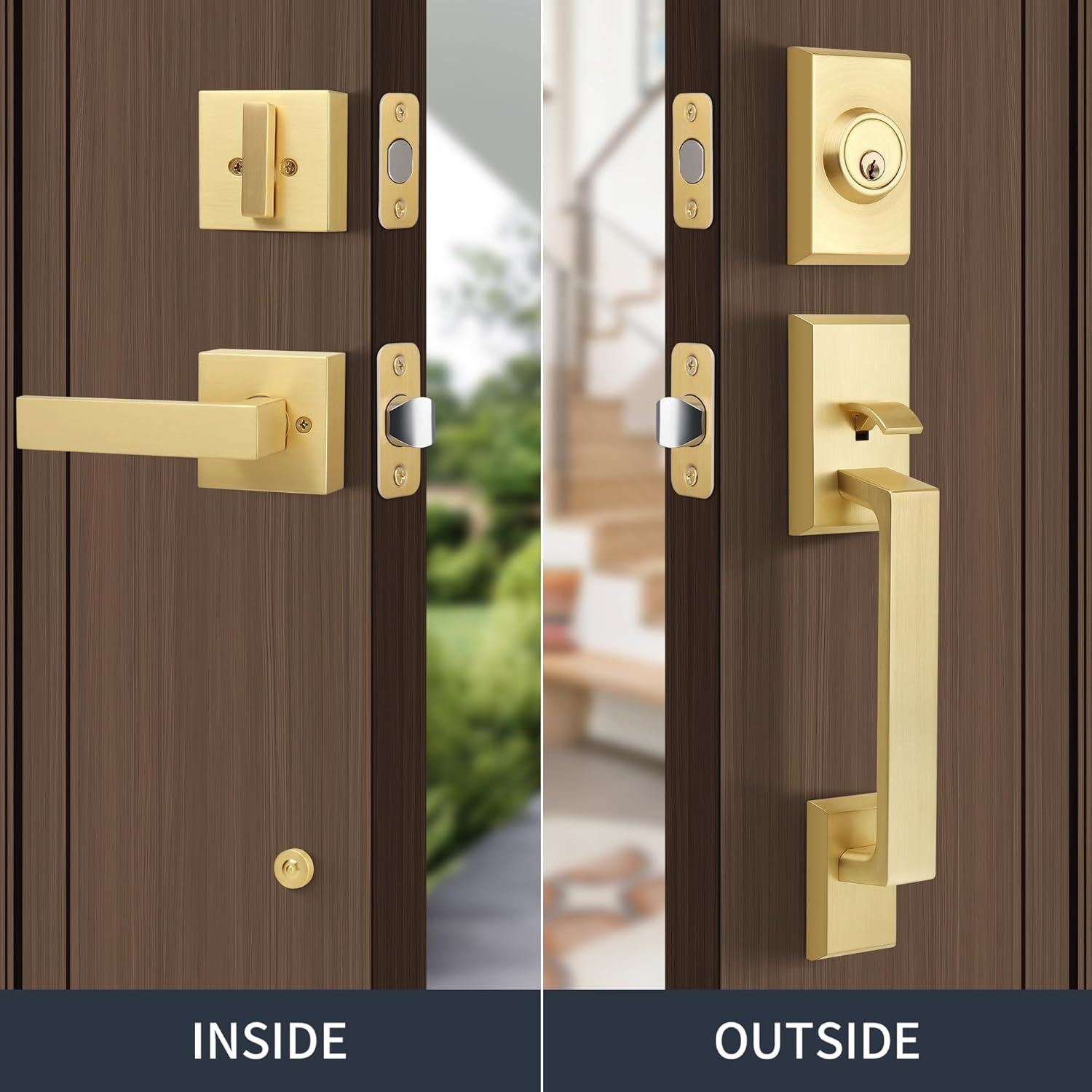 Brushed Gold Heavy Duty Front Door Handle Set, Exterior Door Lock Set with Single Cylinder Deadbolt,Reversible for Right & Left Side, Satin Brass