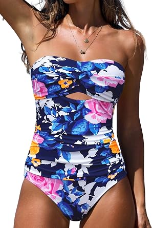 popvil Womens Bandeau One Piece Swimsuit with Removable Straps Push Up Tummy Control Bathing Suit Support Slimming Swimwear