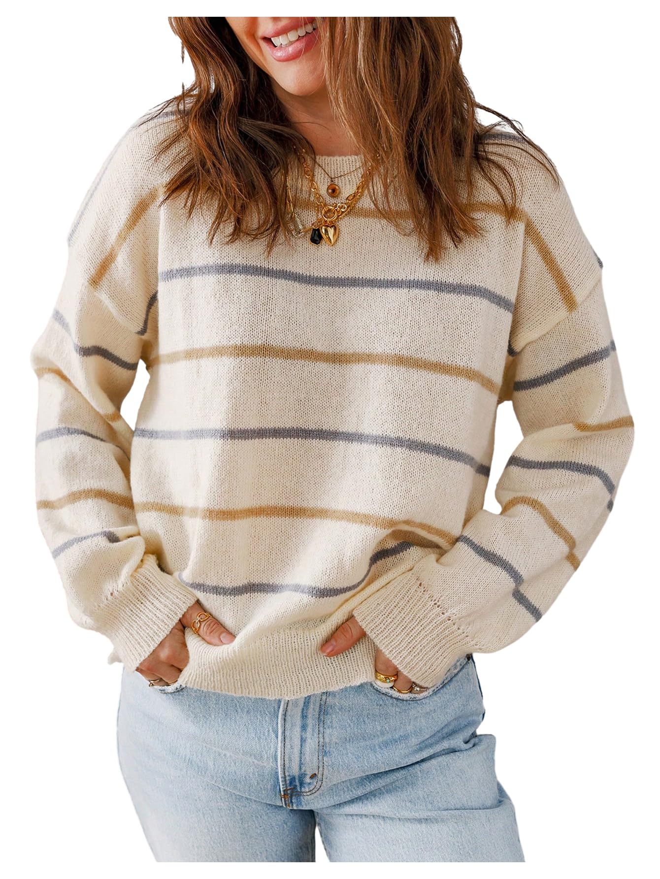 Verdusa Womens Striped Cozy Sweaters Long Sleeve Knit Pullover Tops Early Fall Fashion