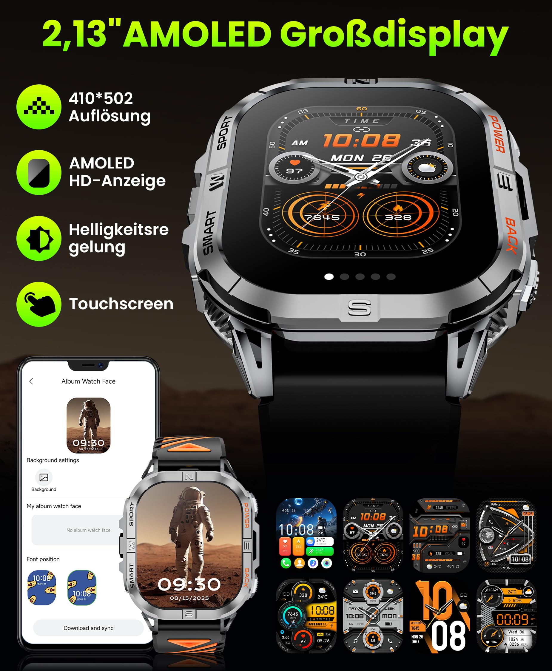 GPS Smartwatch Herren, 2,13" AMOLED Men's Military Smart Watch, LED Taschenlampe, Kompass, 100+ Sportmodi Fitnessuhr, 580mAh Batterie Sportuhr, Bluetooth Anrufen für iOS Android (Schwarz)
