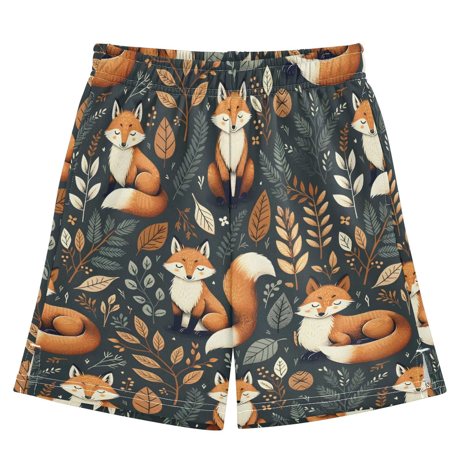 Fox and Leaves Cute Animal Boys Athletic Shorts Kids with Pockets Shorts for boy Girls 12-13 Y Multicolor