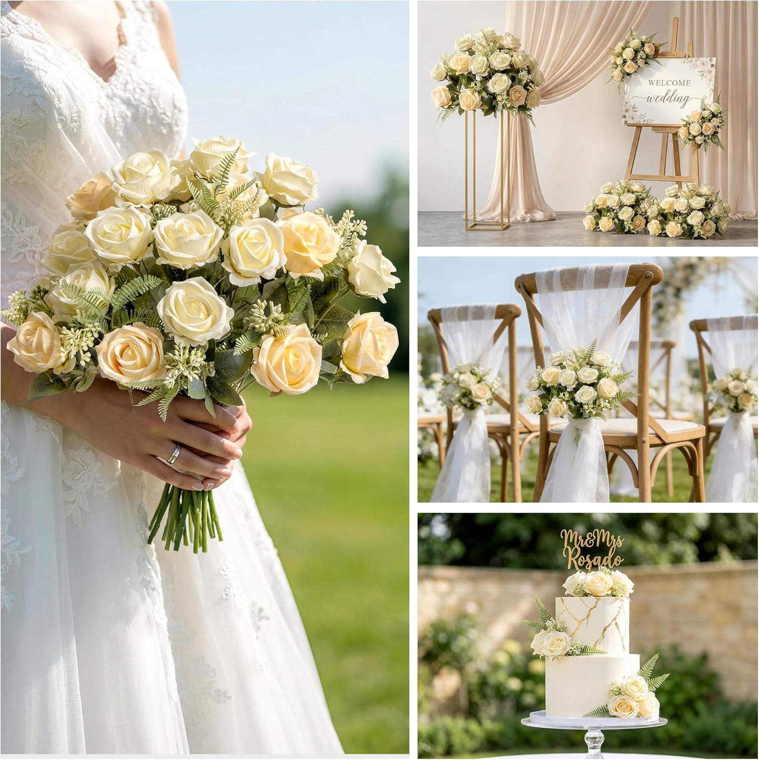 Fake Roses Champagne Roses Artificial Roses Silk Roses Artificial Roses with Stems 24 Full Flower Heads Faux Roses for Indoor Centerpieces home Wedding Farmhouse Decoration No Vase(4PCS,Champagne)