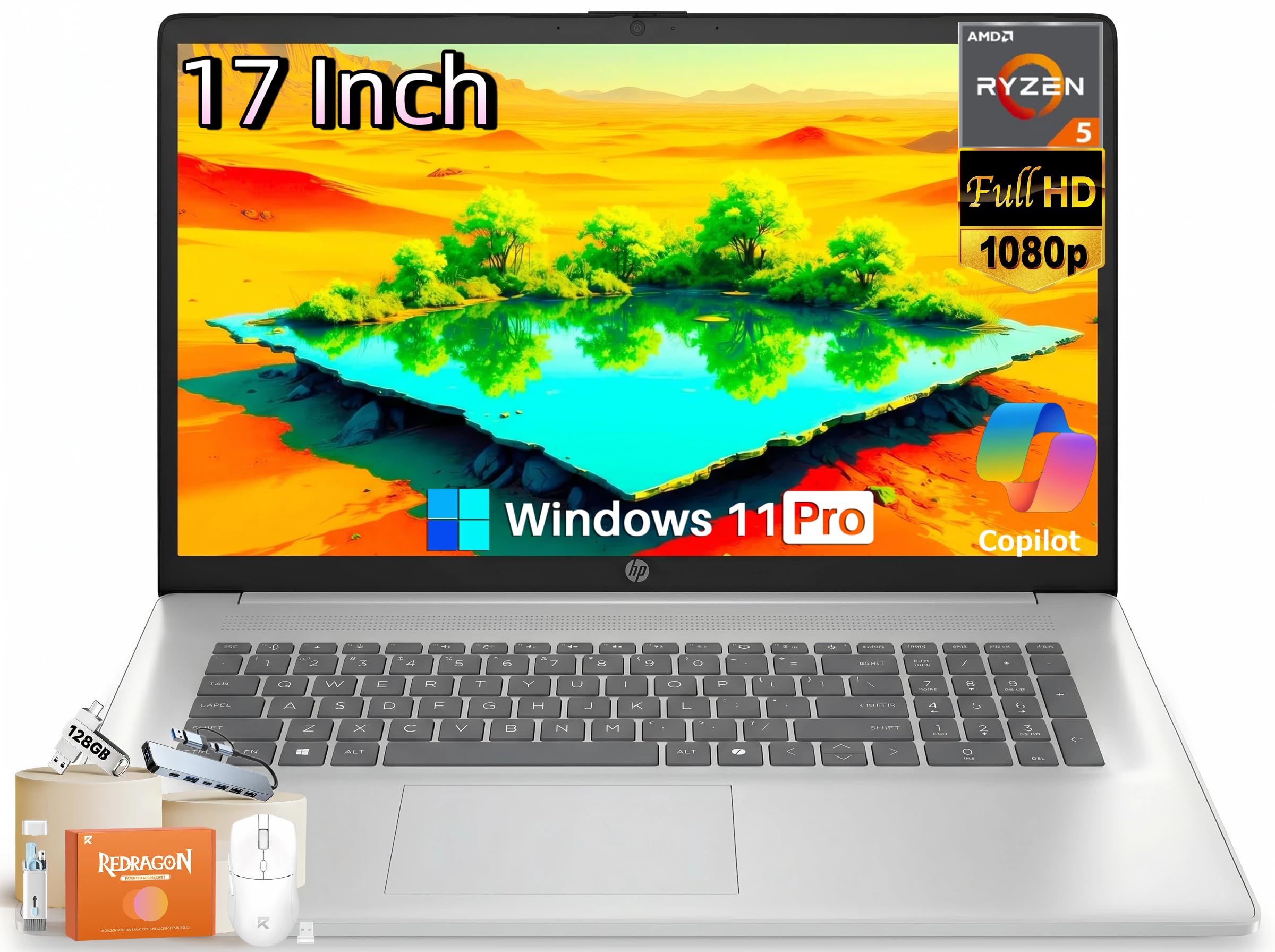 HP 17 Inch Laptop, AMD Ryzen 5 7430U 6-Core, 32 GB RAM, 1 TB SSD, 17.3" FHD IPS Display, Windows 11 Pro, Wi-Fi 6, AI Copilot, Numeric Keypad, Fast Charge, HD Webcam, Business & Home Office Computer