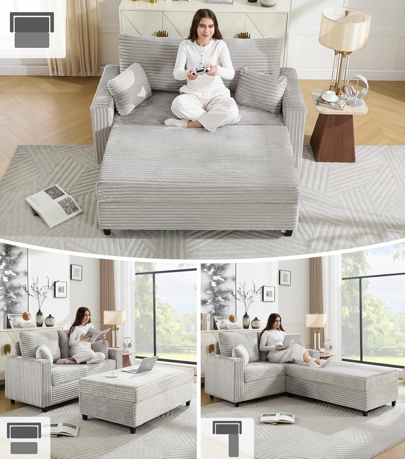 Tbfit 63.4" Oversized Loveseat with Storage Ottoman, Comfy Chaise Lounge Chair Indoor, Corduroy Sleeper Sofa Bed, Modern Upholstered Love Seat Couch for Living Room, Bedroom, Apartment, Grey | Breathable material, Storage Ottoman, Sofa bed, Oversized Loveseat