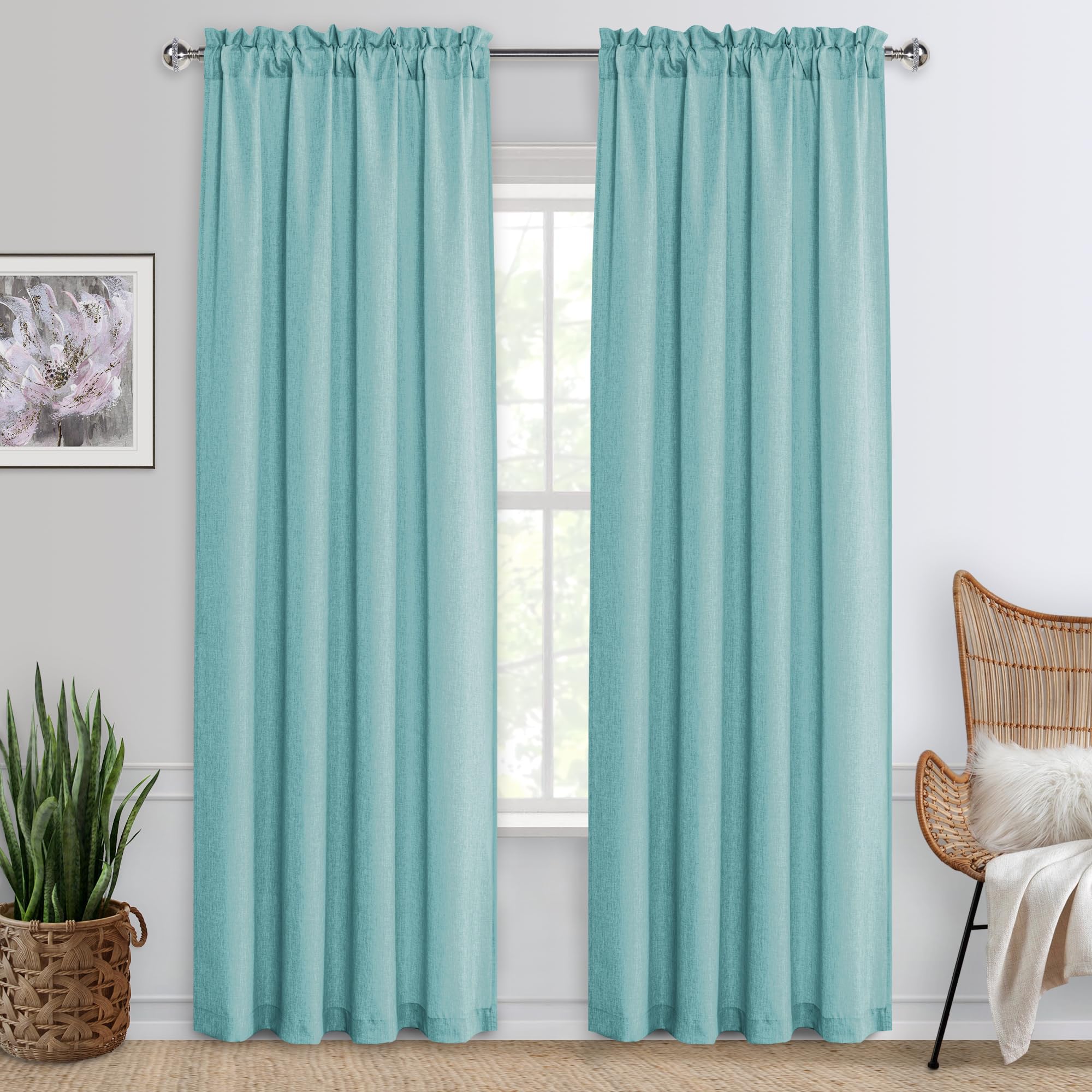 JIUZHEN Aqua Faux Linen Curtains for Bedroom, Rod Pocket