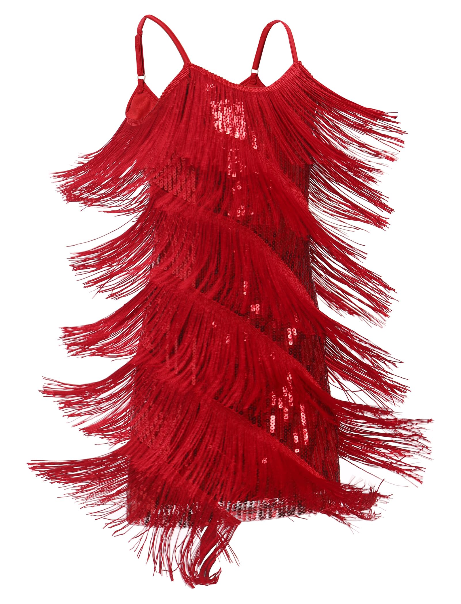 FYMNSI Robe de danse latine pour filles - Tenue de danse de salon - Col en V - Paillettes scintillantes - Pompons à franges