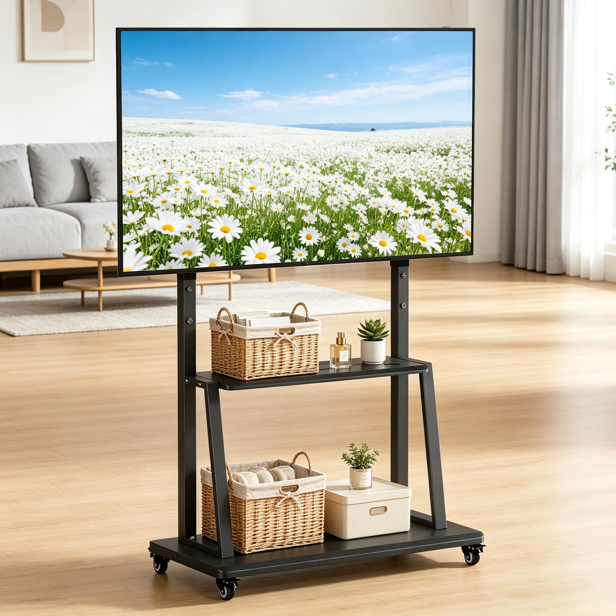 TV Ständer mit Rollen, Mobiler Fernsehtisch für 40-70 Zoll, Höhenverstellbar 123-155 cm, aus Metall für Wohnzimmer Büro, bis max. VESA 600x400, 155x70x43cm