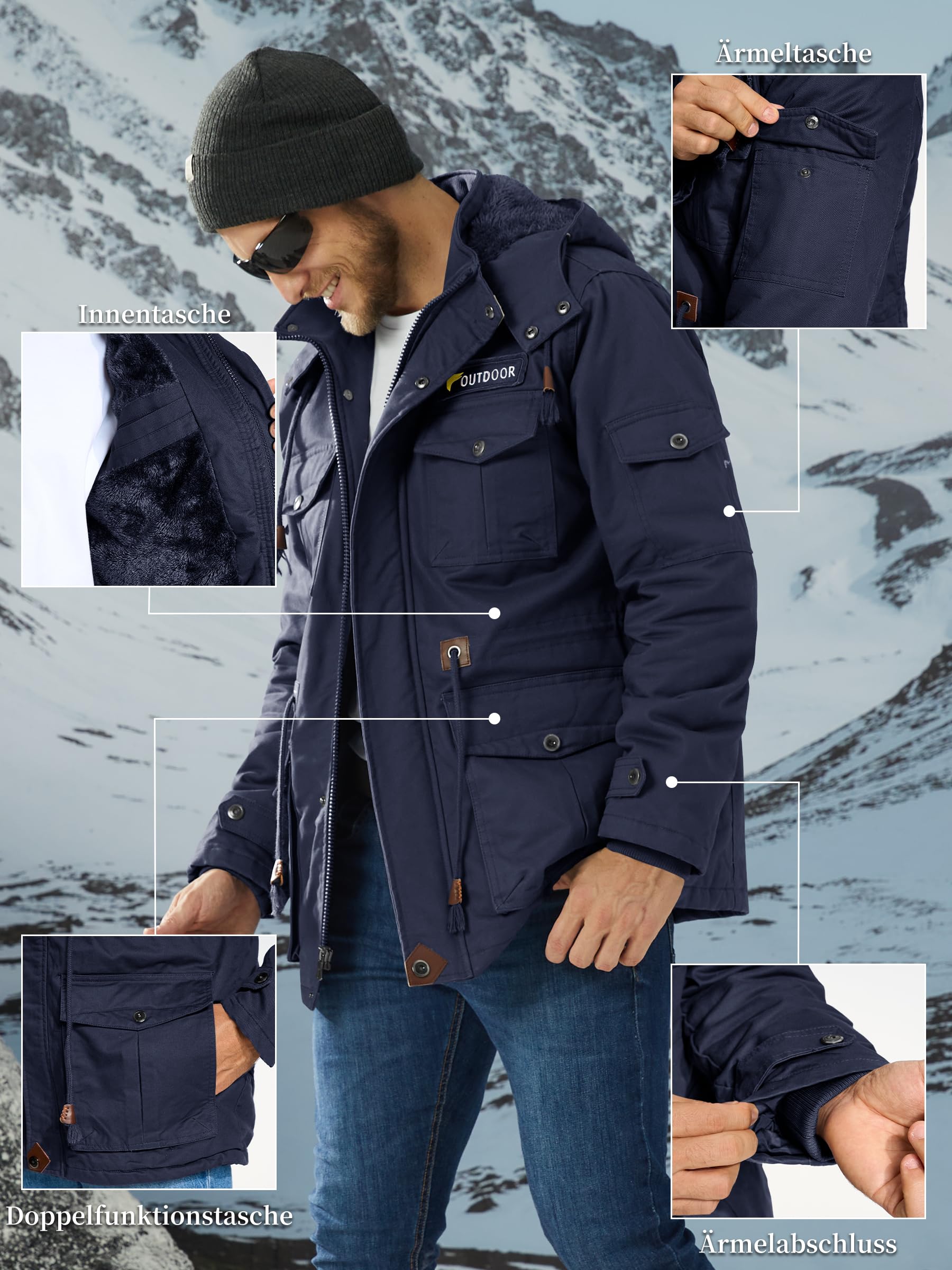 KEFITEVD Winterparka Herren Fleece Gefüttert Winterjacke mit Viele Taschen