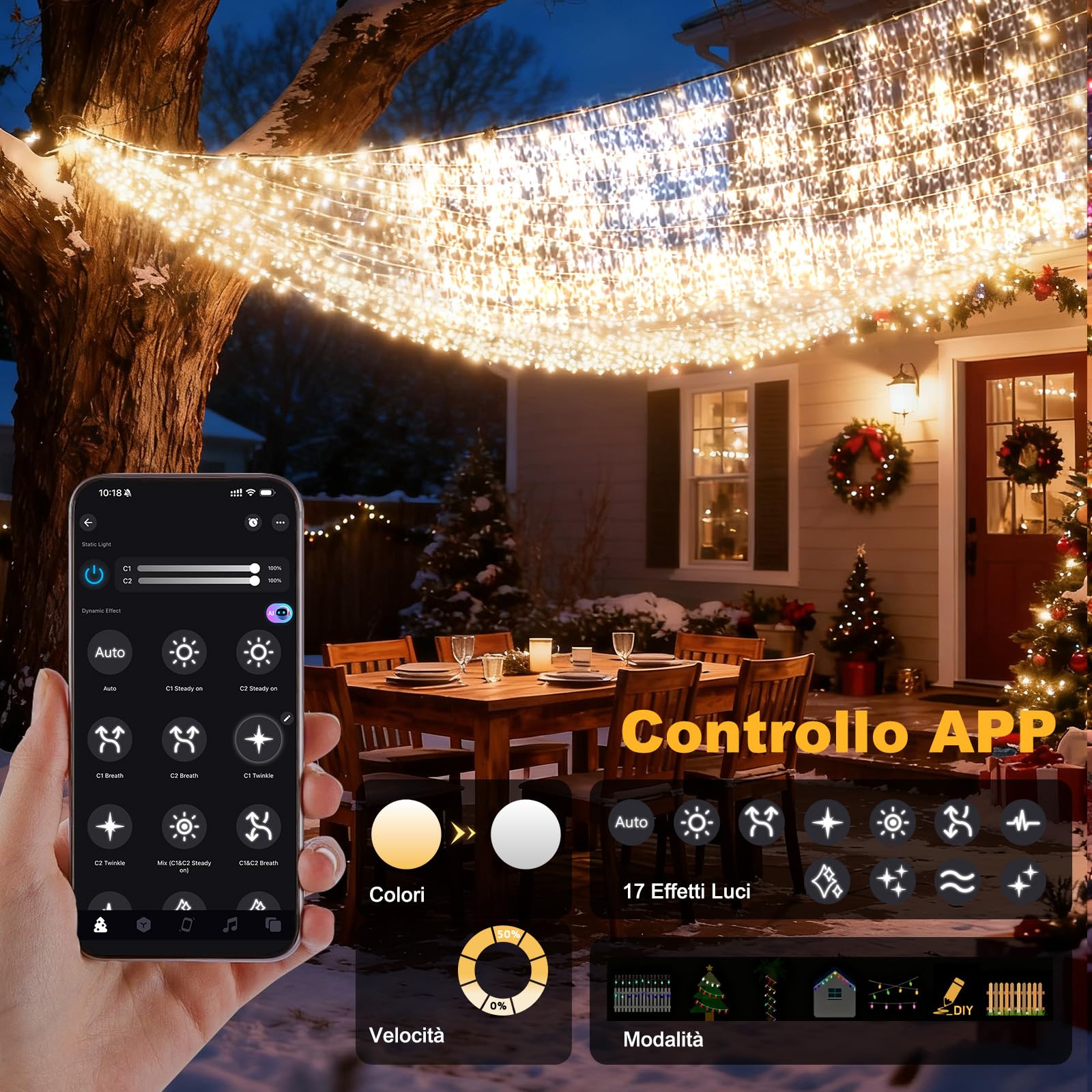 Luci Natale da Esterno Cascata, Luci Natale Esterno Bianco Caldo e Freddo, Tenda Luci Natale Esterno con APP e Telecomando, 17 Modalità, 4 Luminosità, Timer, Decorazioni Natale Esterno(15M-600L,C/F)