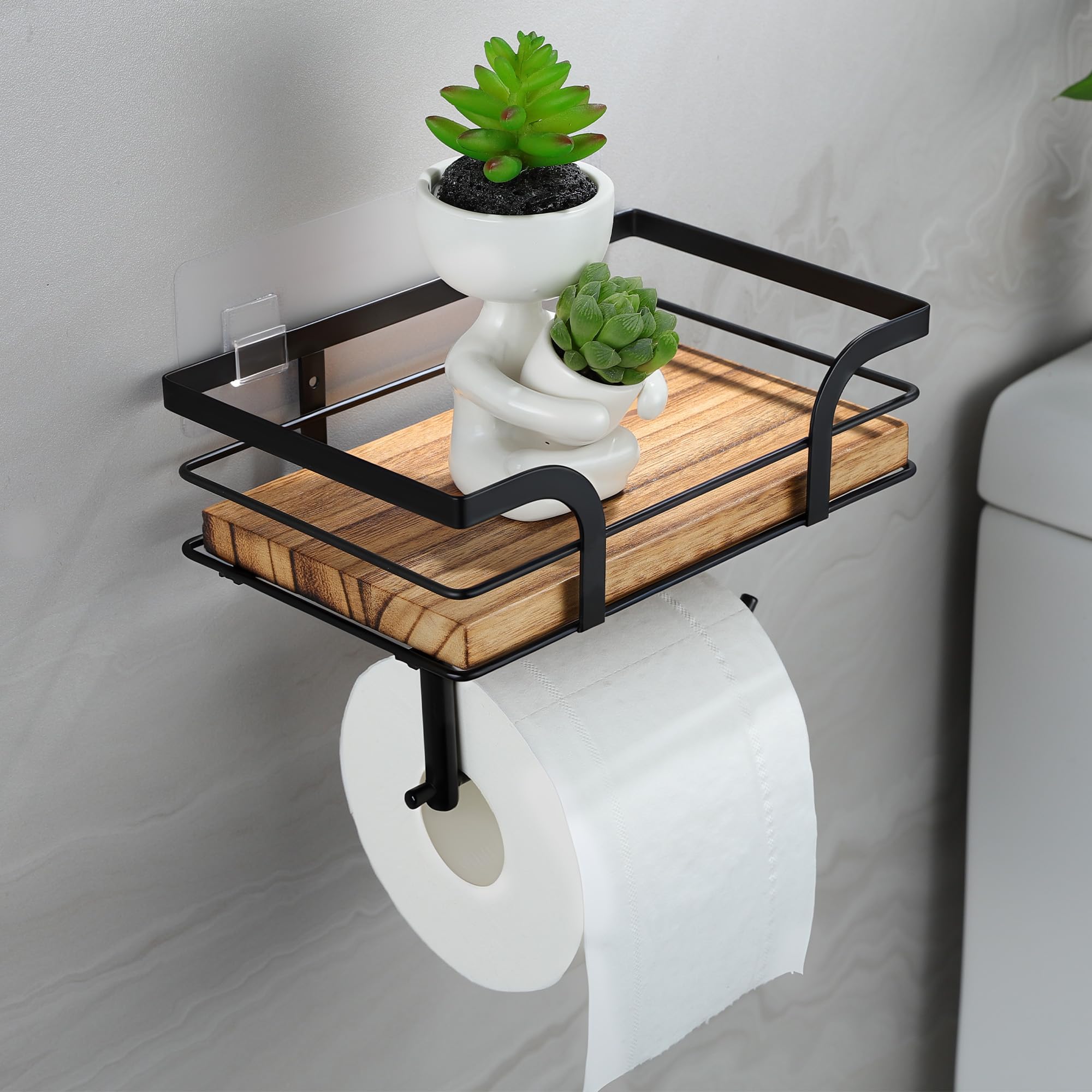 RUICER Toilettenpapierhalter Ohne Bohren mit 2 Montagemethoden, Holz Klopapierhalter & Klopapier Aufbewahrung mit Feuchttücherbox, Toilettenpapier Halterung Wandhalterung