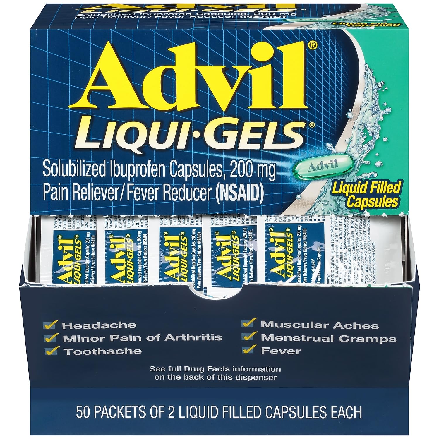 AdvilLiqui-Gels Pain Reliever/Fever Reducer, Solubilized Ibuprofen 200mg, 2/Packet, 50 Packets/Box (016902)