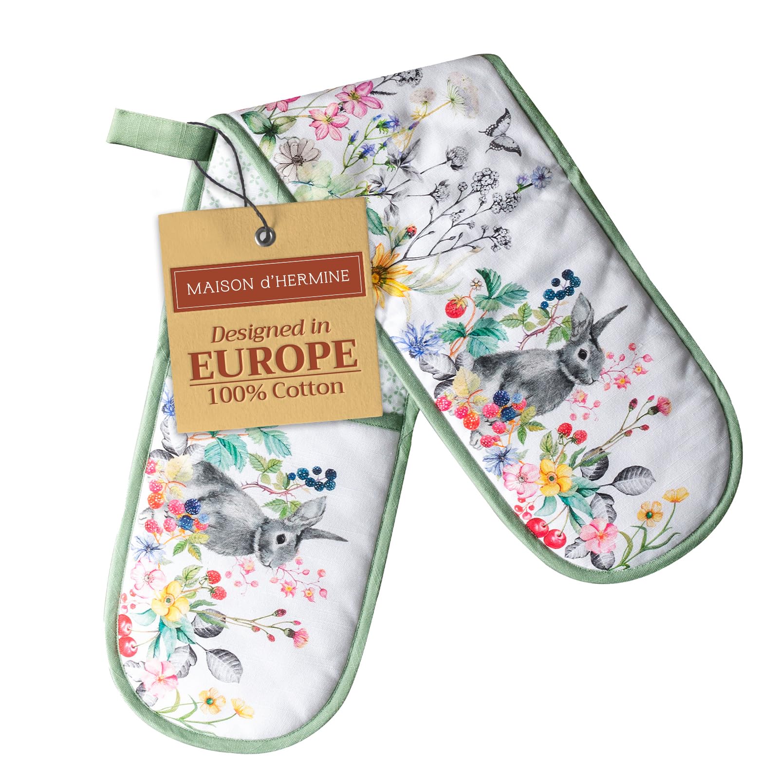 Maison D' Hermine 002 - Printemps Double Oven Mitts 100% Cotton 18 Cm X 89 Cm Double Oven Mitt Heat Resistant Bbq Cooking Gloves With Loop Baking Grilling Handling Hot Pans Spring Summer (Printemps)