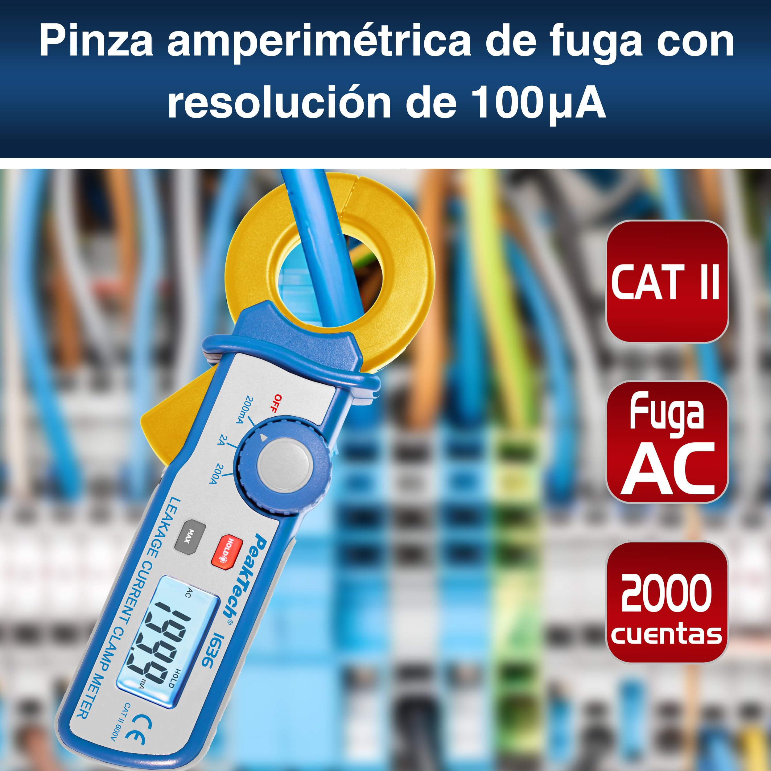 PeakTech 1636 Pinza de Corriente de Fuga AC 200A, 100 µA Resolución, Pinza Amperimétrica Profesional, Detector de Fugas Eléctricas, LCD, CAT II 600V