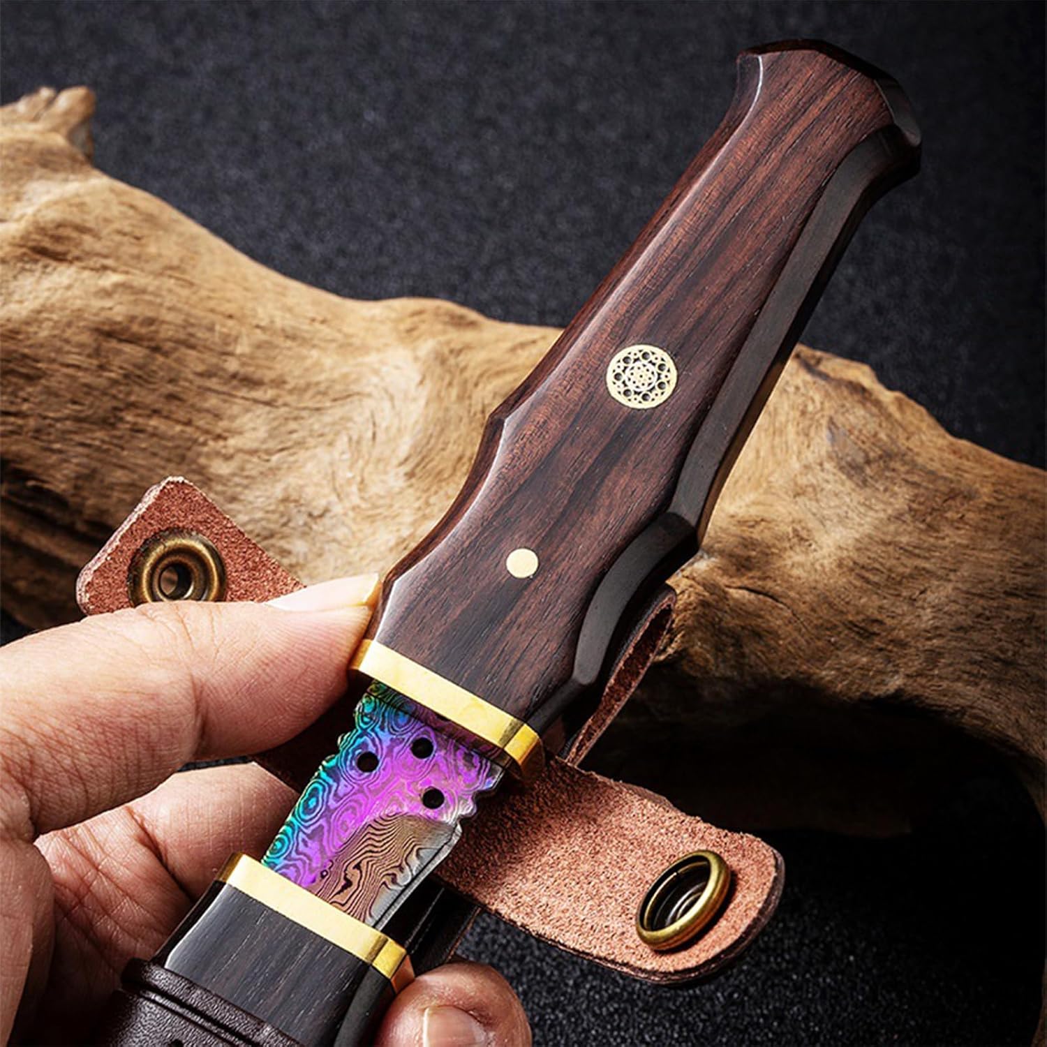 Damascus Hunting Knife,8.9" Rainbow Titanium Coating Damascus steel with a wooden scabbard