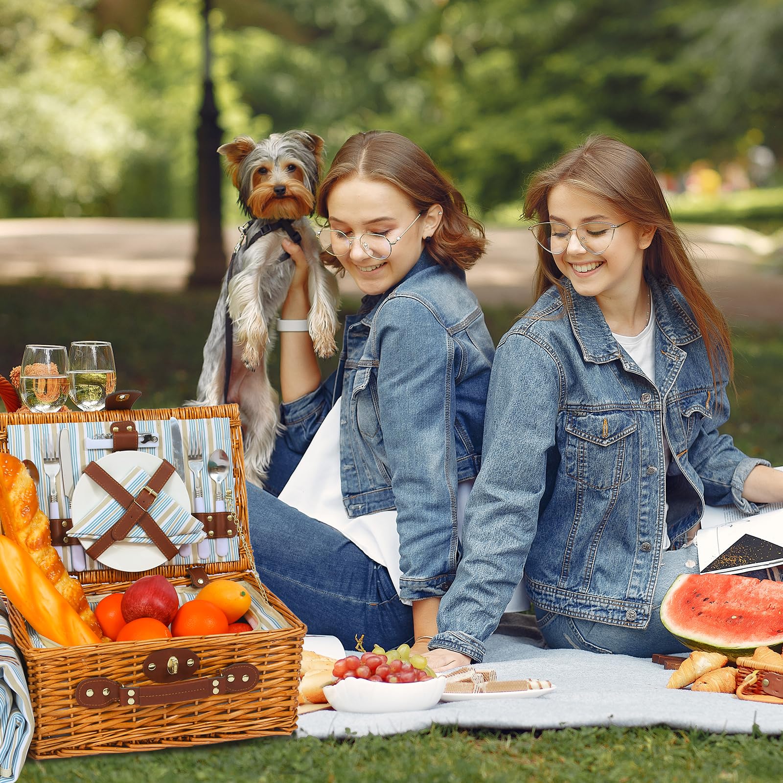 Picknickkorb Set für 2 Person mit Kühlfach und wasserdichte Picknickdecke, Abnehmbarer Riemen, Weinbeutel, Besteck Set, für Camping, Strand, Wandern, BBQ und Familie/Paare Geschenke, Zubehör
