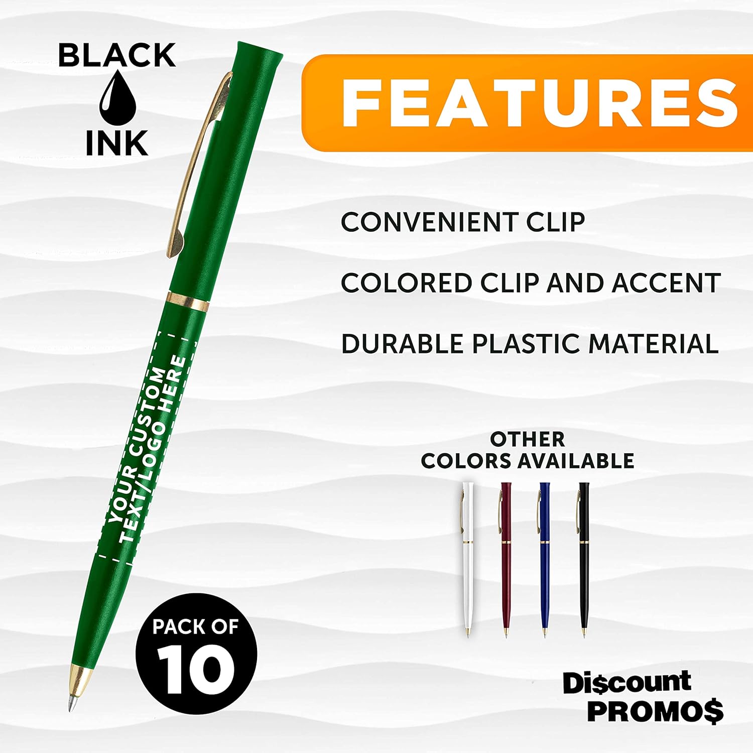 DISCOUNT PROMOS Personalized Alston Hotel Pens - 10 pack - Plastic Pens - Customizable Text, Logo - Green