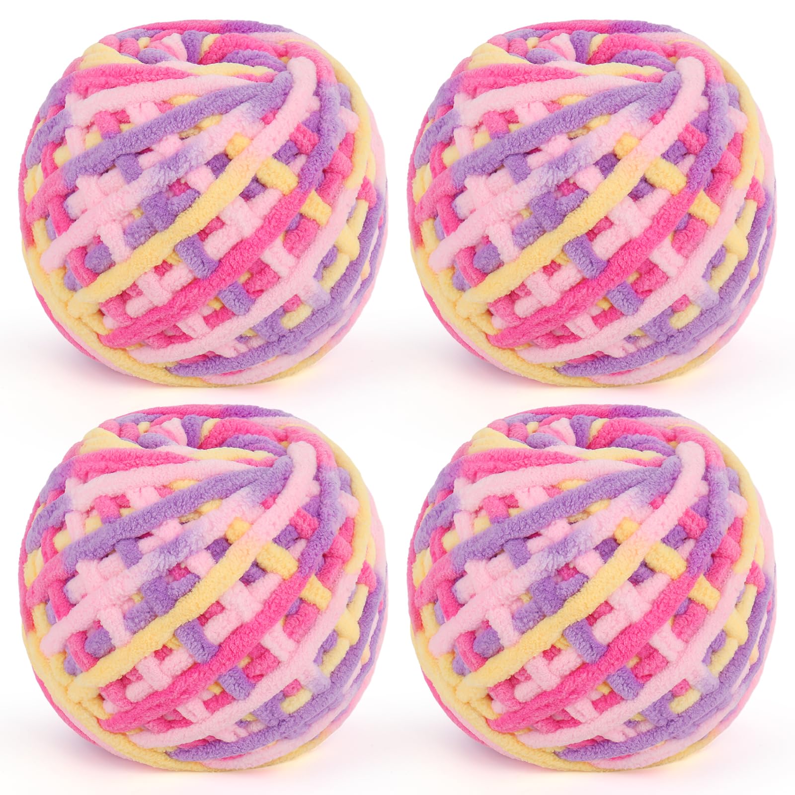 Reessy Chunky Yarn, 400g(4×100g) Chunky Wool for Knitting, Soft Fluffy Velvet Thick Yarn Set, Plush Yarns for Crochet Blankets Sweaters Shoes Hats Scarves and Amigurumi(Pink Purple Yellow)