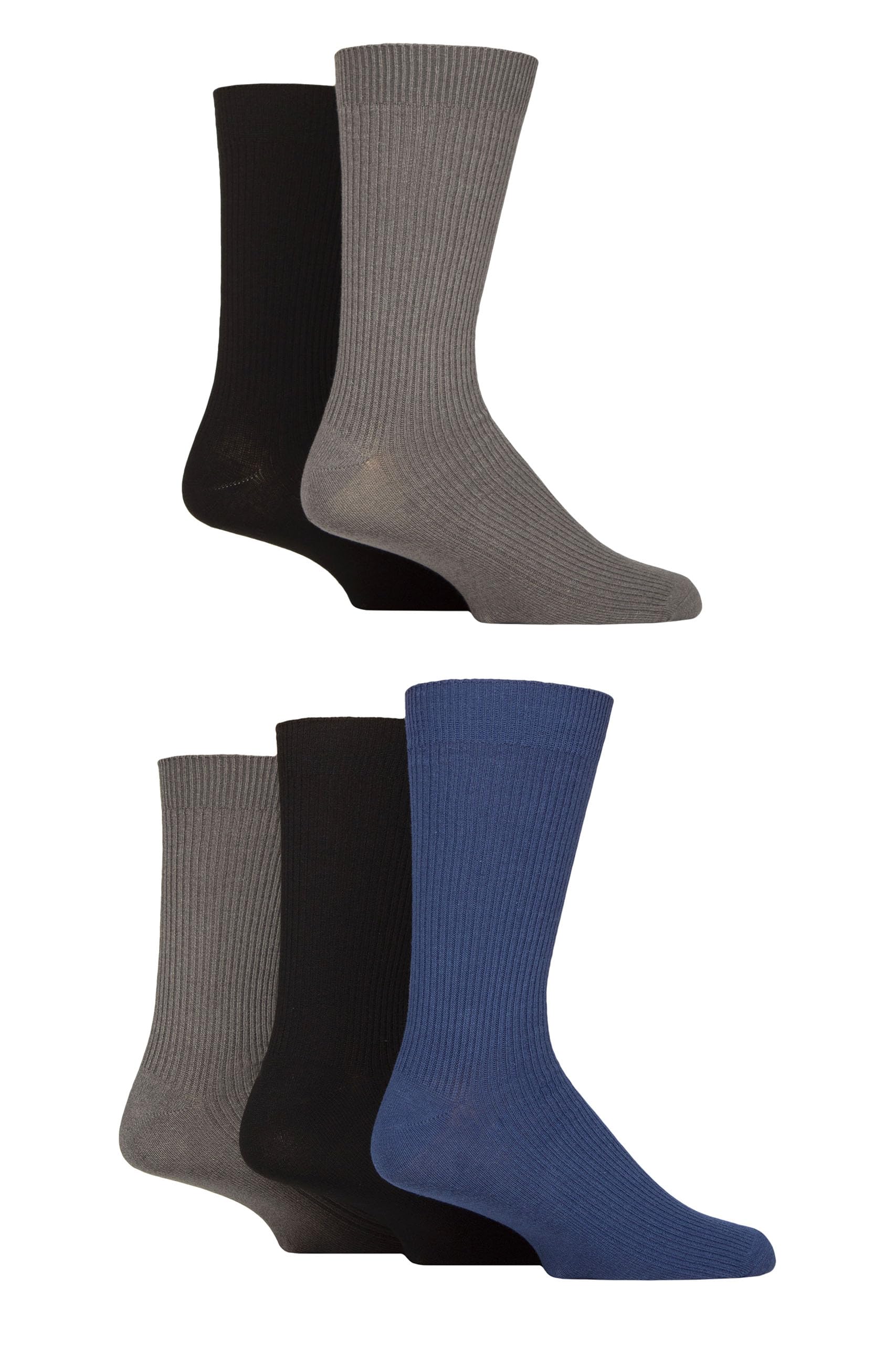 Jeff Banks Men's 5 Pack Ribbed Leisure Crew Socks - Black/Navy/Char - Mens 7-11