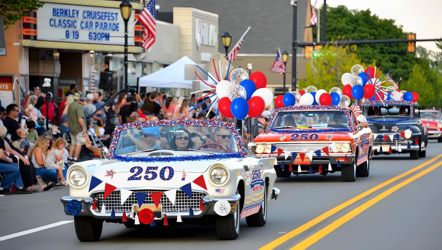 56PCS 250th Anniversary 4th of July Parade Car Decoration Kit: Flag, Tinsel Garlands, Banners, Etc - Red White Blue Decor for Patriotic Independence Day Party Favors