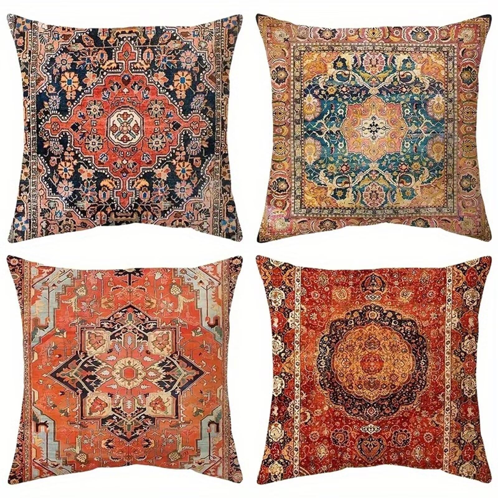 Heaen Outdoor Cushions Covers Waterproof 35x35 cm Set of 4 Square Linen Pillow Cases Yellow Red Mandala Decorative Dushions for Sofa Porch Patio Home Decor