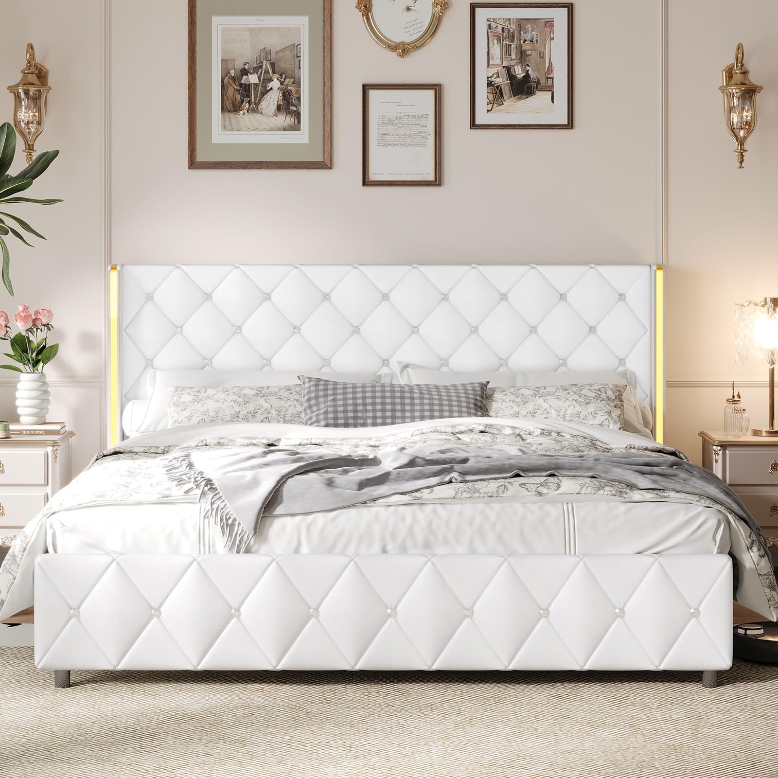 King Size Bed Frame with Headboard, Pu Leather Upholstered Bed Frame King with Diamond Tufted Wingback Headboard, 1000lbs Heavy Duty Support, Gold