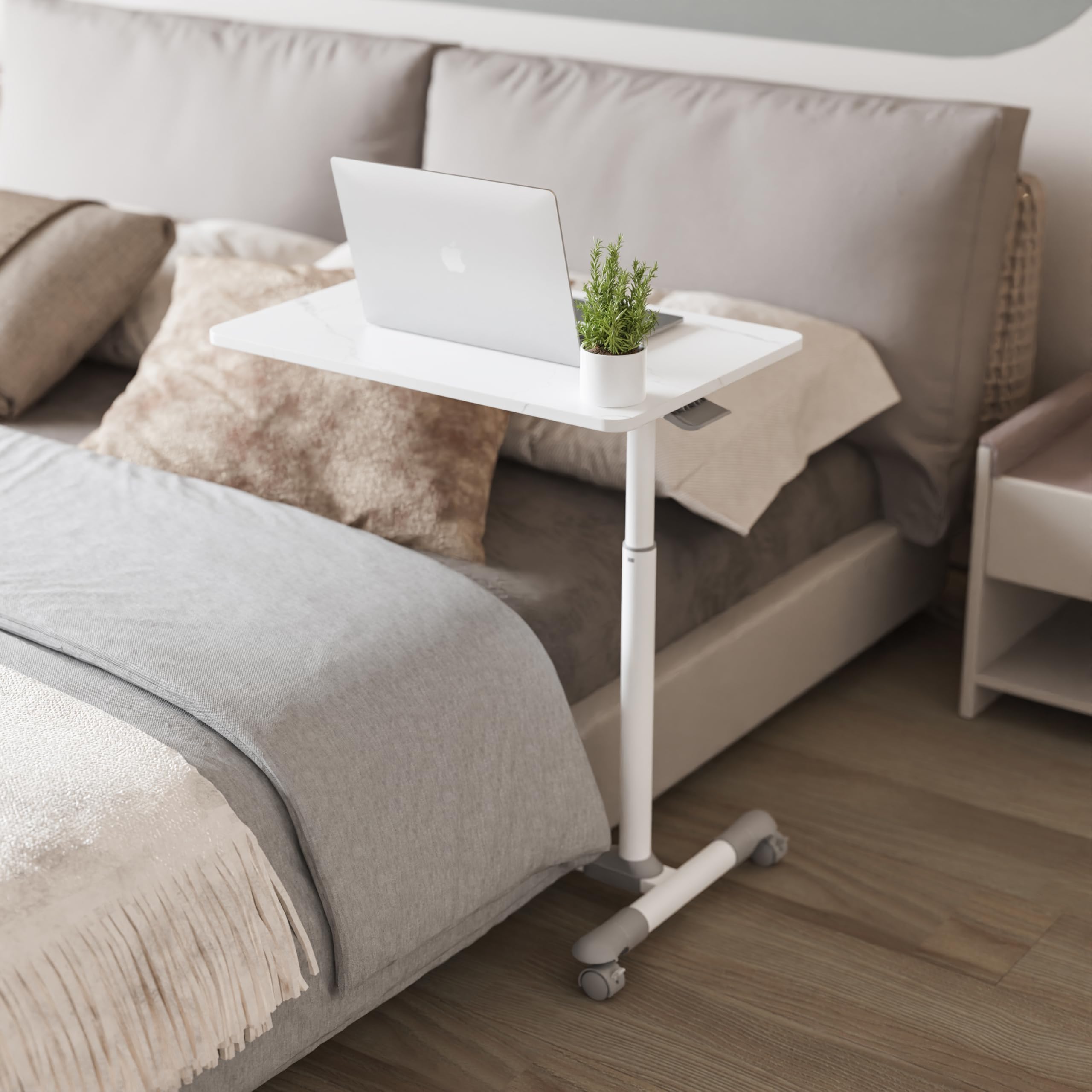 ETHU Mesa Sobrecama con Ruedas Bloqueables, Móvil y Ergonómica, Altura Ajustable para Uso en Hospitales, Oficina y Hogar (Acabado Mármol)