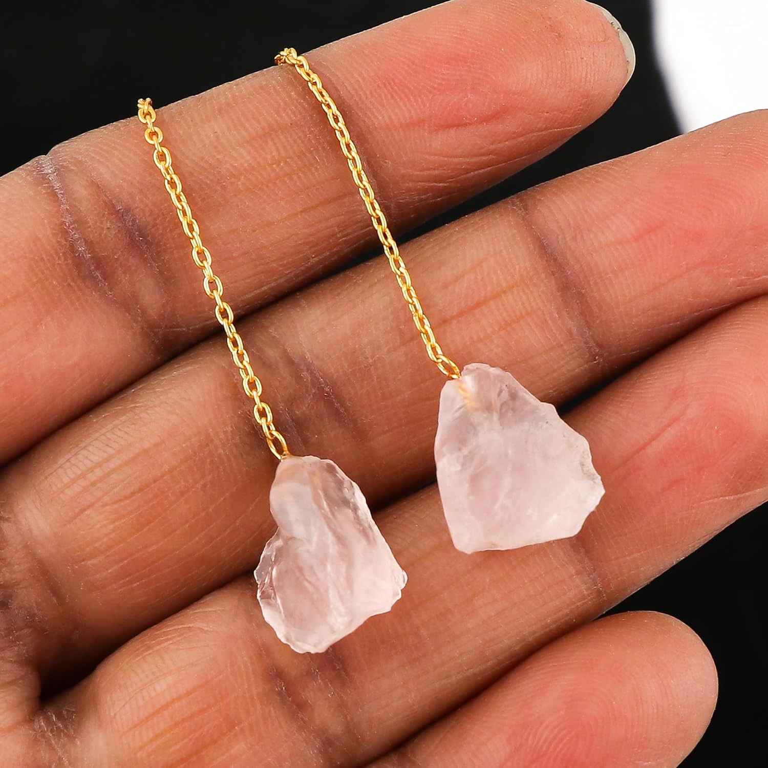 Natural Raw Gemstones Threader Earrings, Handmade Dangling Earrings for Women, Gold Plated Earrings, Rough Stones Healing Crystals, Women Jewelry, Gift For Her - Image 3
