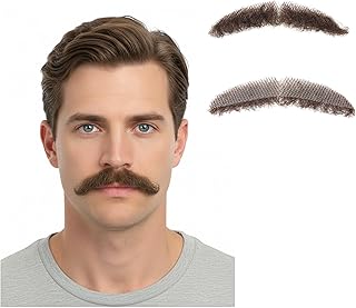 Realistic Human Hair Mustache & Beard for Men, Thick Fake Beard with Invisible Lace, Fake Mustache Ideal for Cosplay, Halloween Costumes, and Themed Parties (Brown)