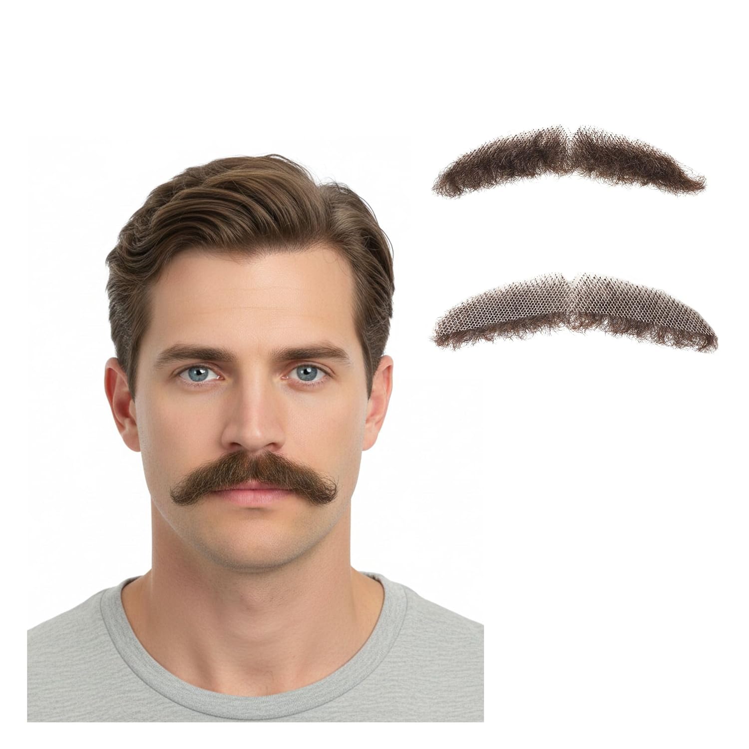 Realistic Human Hair Mustache & Beard for Men, Thick Fake Beard with Invisible Lace, Fake Mustache Ideal for Cosplay, Halloween Costumes, and Themed Parties (Black)