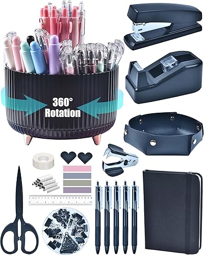 Miniatura 9 de Accesorios de escritorio rosa, 20 piezas de suministros de oficina y soporte para bolígrafos de 360°, con dispensador de cinta, grapadora, removedor