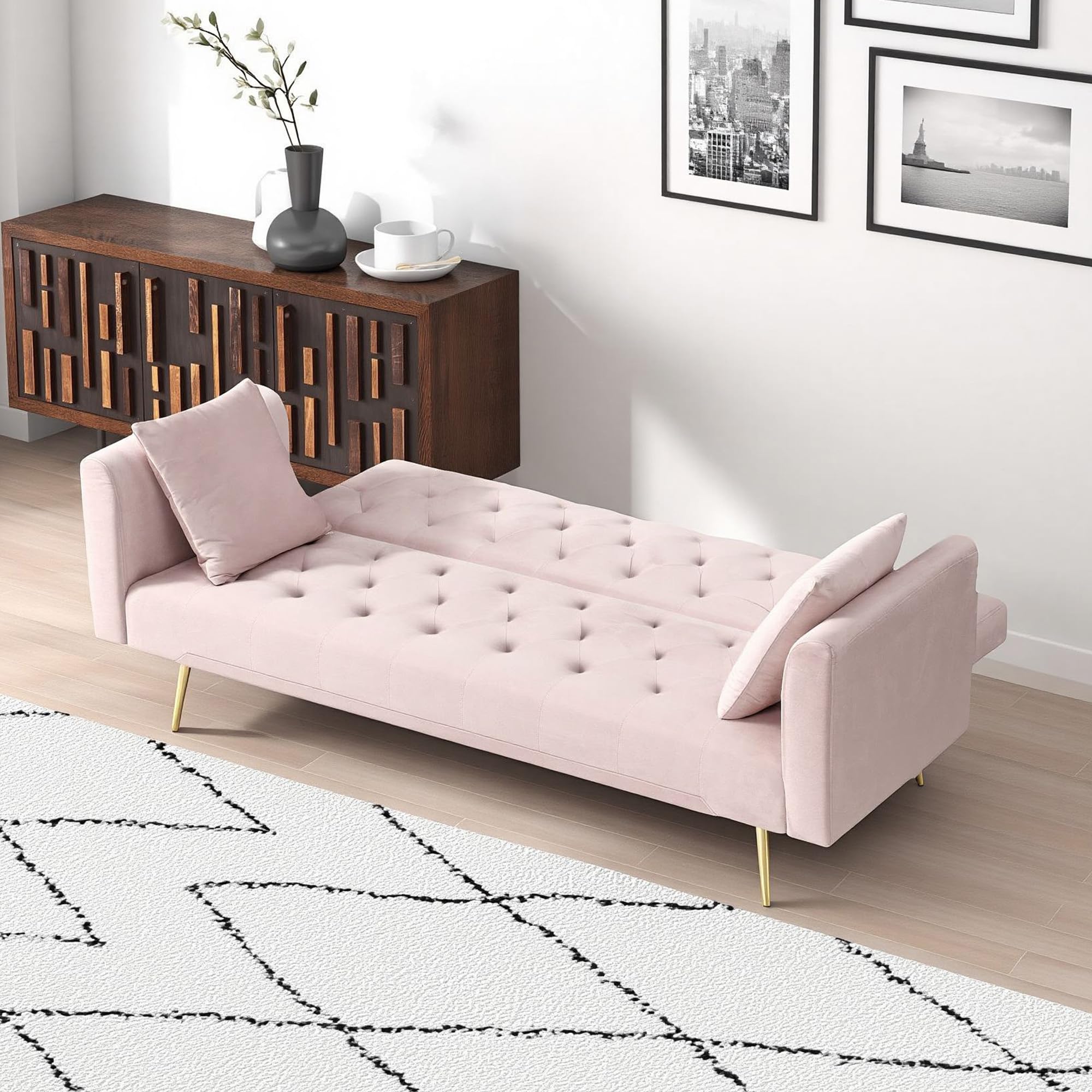 ERYE 71" Velvet Upholstered Tufted Futon Sofa Bed for Bedroom Studio, Modern Upholstered Futon Sleeper Convertible Sofabed W/Golden Leg & Piows for Home Apartment,Loveseat