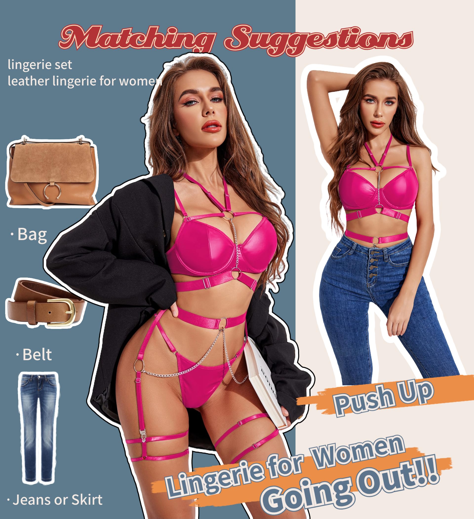 Avidlove Lingerie Set for Women Sexy Strappy 5 Piece Lingerie Garter with Underwire Push Up Bra and Chain: Small Hot Pink