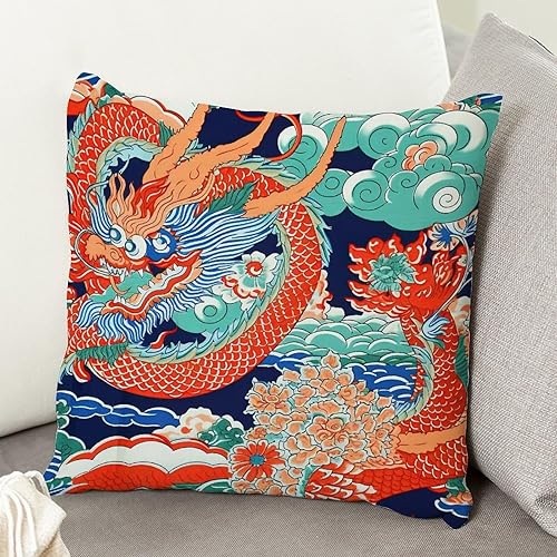 Miniatura 4 de MangGou Funda de cojín tradicional china china para sofá, color azul, verde azulado, índigo, dragón asiático, dragón, naranja, aguamarina, turquesa,