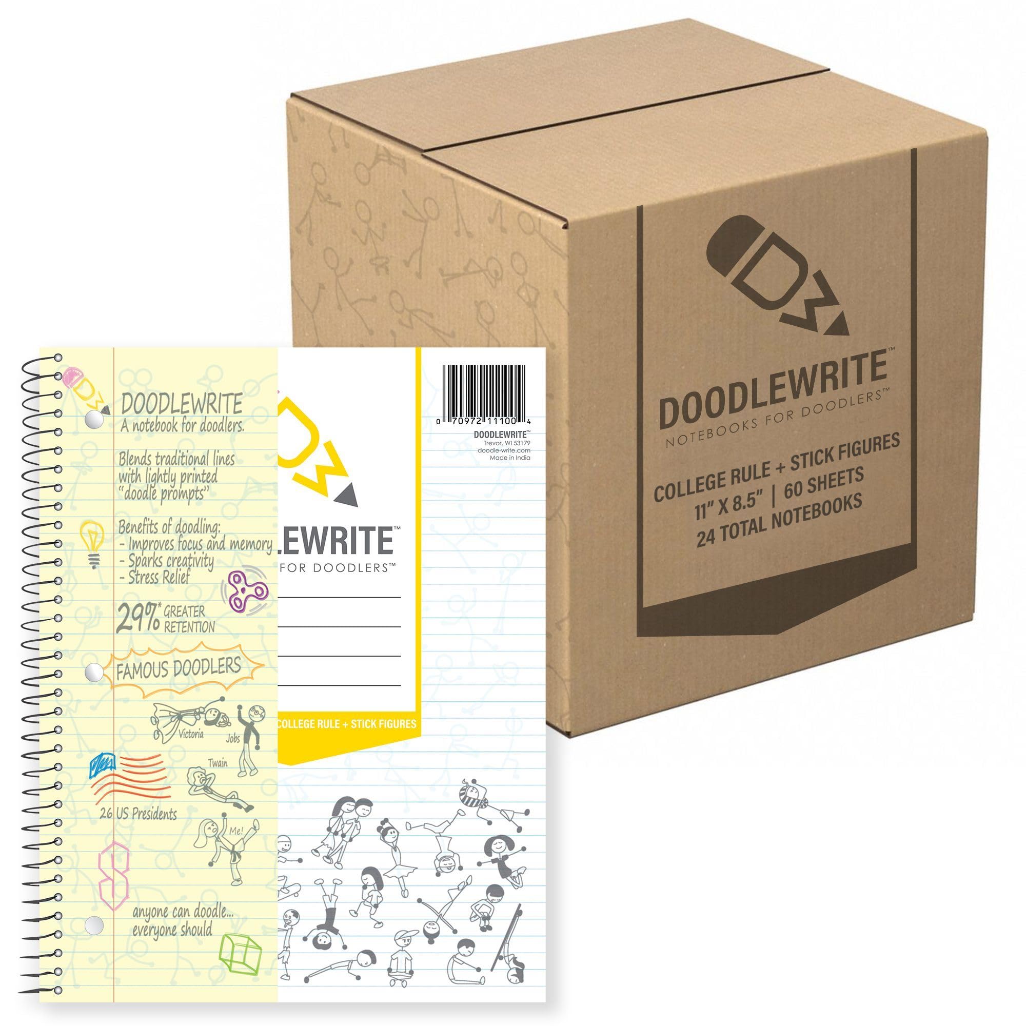 DoodleWrite College Ruled Wirebound Spiral Notebook, 24 Pack, Includes Doodle Prompts to Keep Focus, Spark Creativity/Imagination, Relieve Stress, 11"