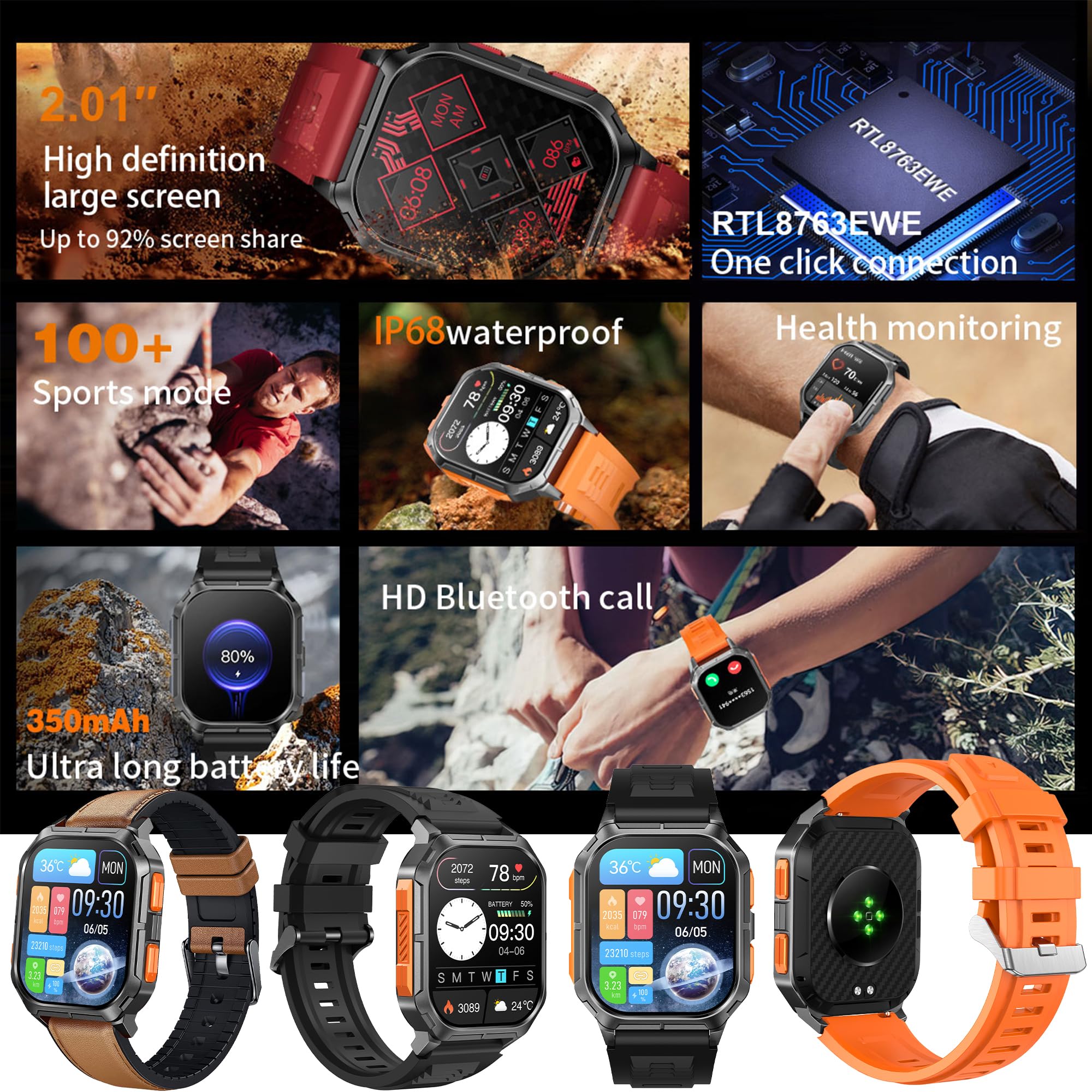 Reloj Inteligente Hombre con Llamadas, 2,01 Pulgada Smartwatch Deportivo con Podometro Pulsometro SpO2 Sueño Presion Arterial Pulsera Actividad 5ATM Reloj para iOS Android 3 Correas (Naranja)