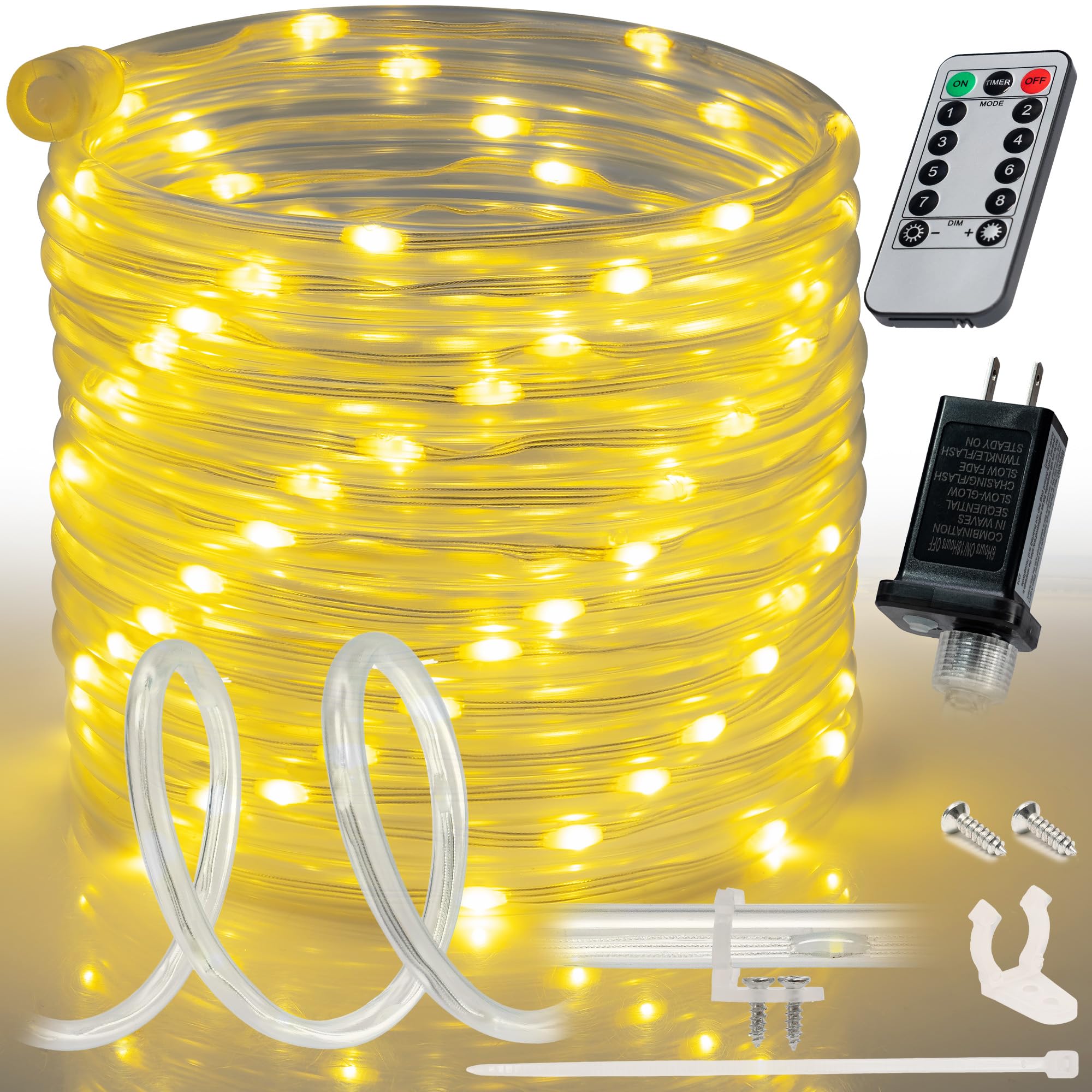 WYZworks 150ft Warm White LED Outside Rope Light - 8 Modes, Waterproof Permanent Outdoor Accent Lighting w/Remote, Flexible Clear Tube, ETL Certified,