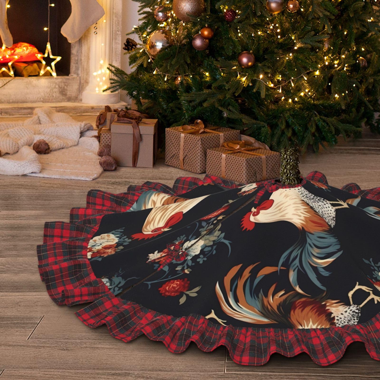 Jupe de sapin de Noël 122 cm avec dentelle et motif coq pour décoration rustique