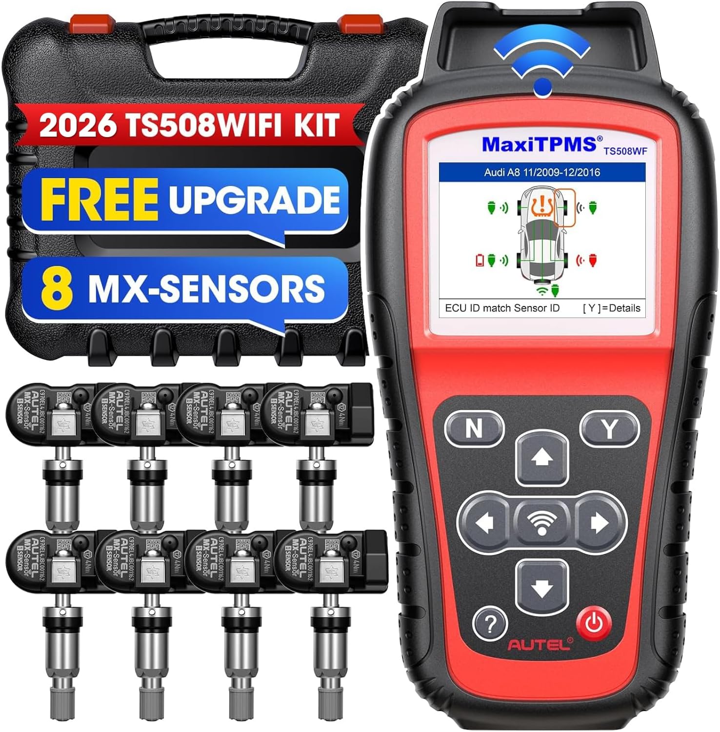 Autel TPMS Programming Tool TS508WF KIT, TPMS Reset Tool with 8pcs Universal MX-Sensors, WiFi Version of TS408 TS508 TS501 TS601, Features Quick and Advanced Modes, Activate Relearn All Sensors